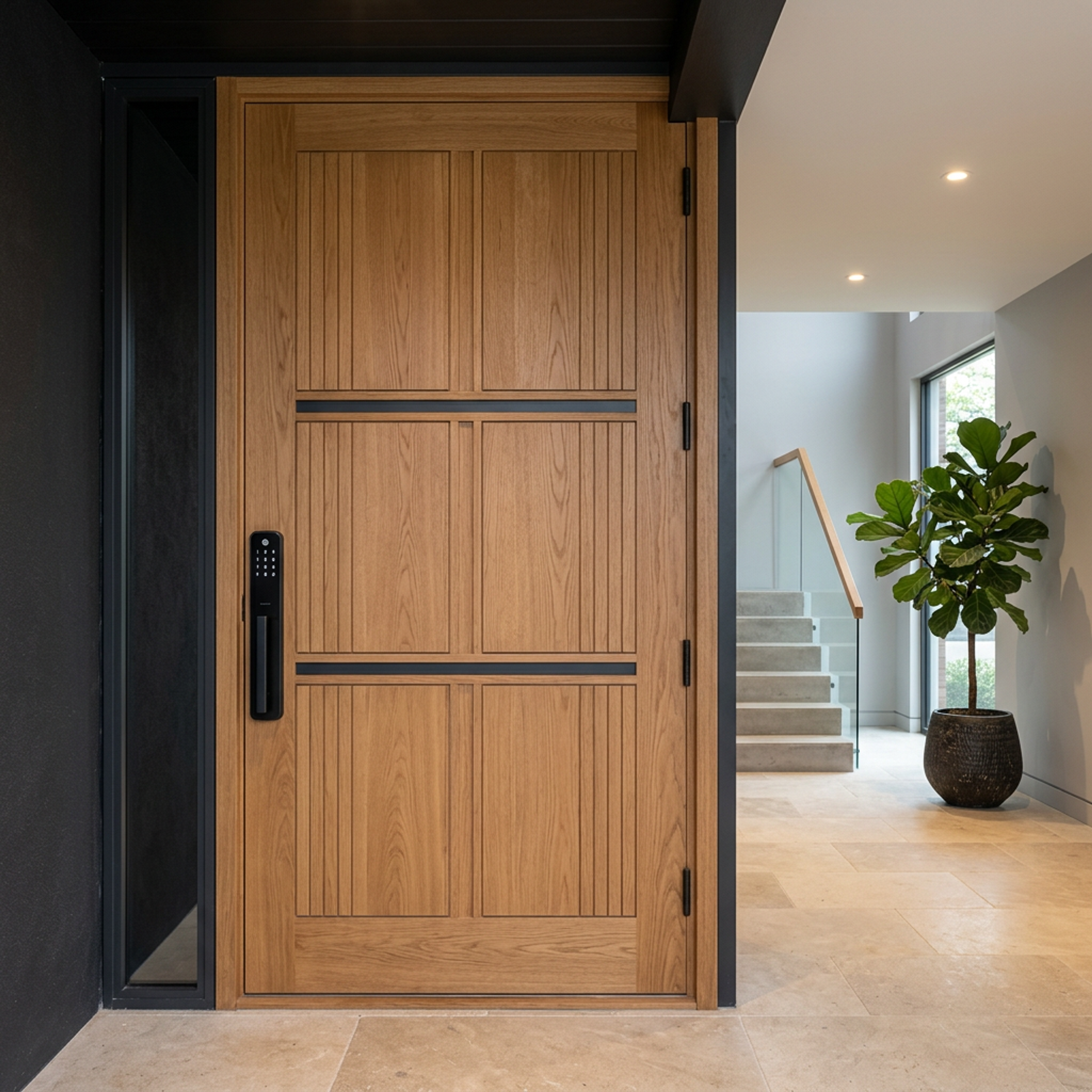 Modern Swing Door Design with Fluted Panelling and Black Inlays