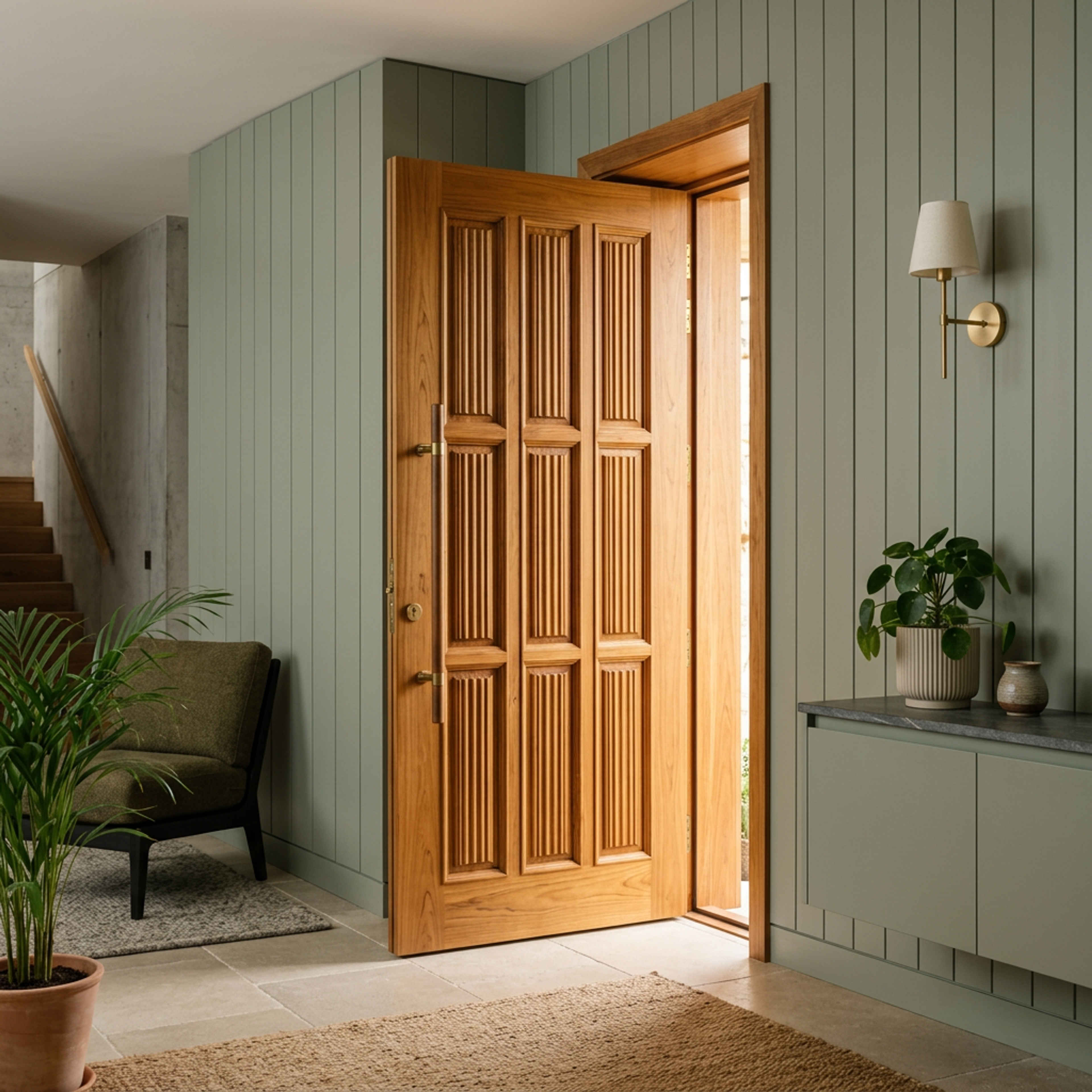 Classic Swing Door Design with 9-Panel Fluted Carvings and Brass Accents