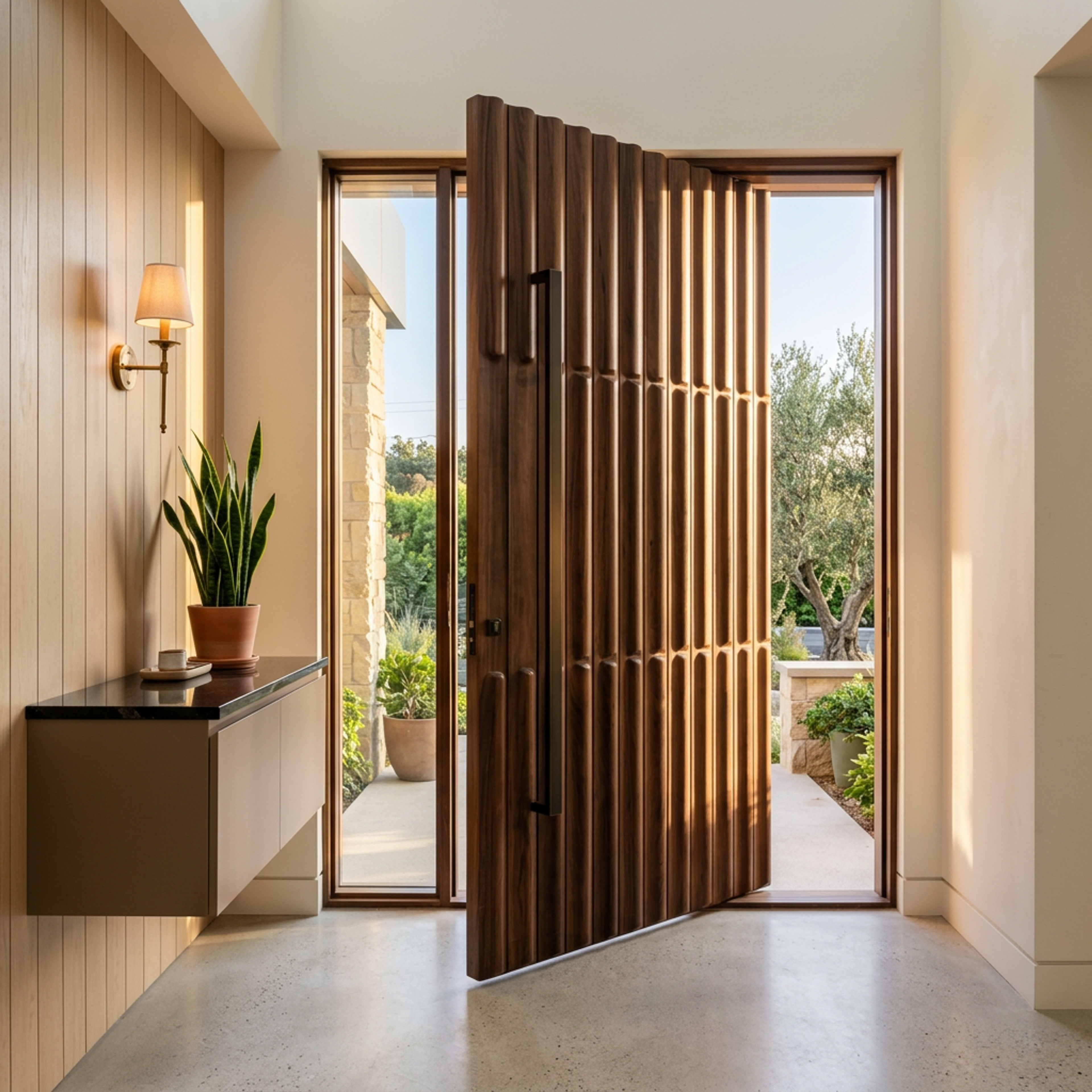 Classic Swing Door Design with Reeded Battens and Black Pull Handle