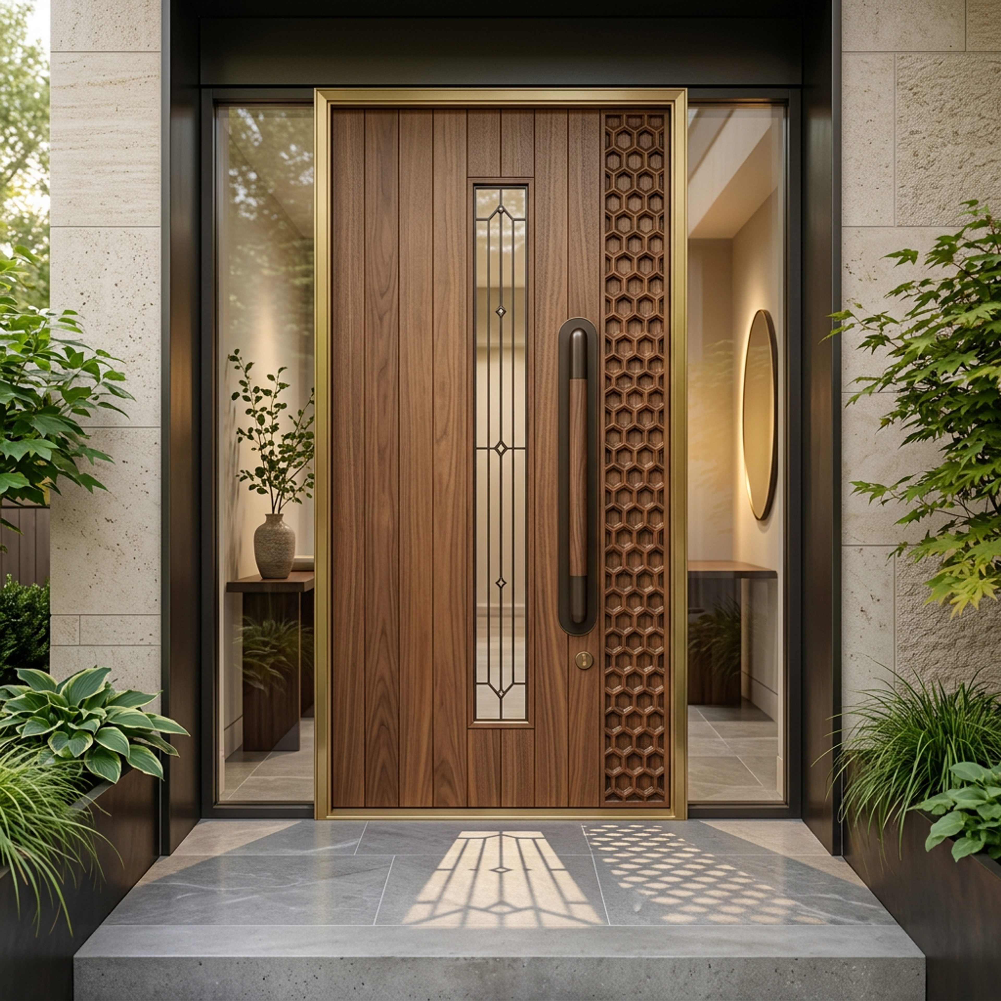 Modern Swing Door Design with Honeycomb Lattice and Brass Frame