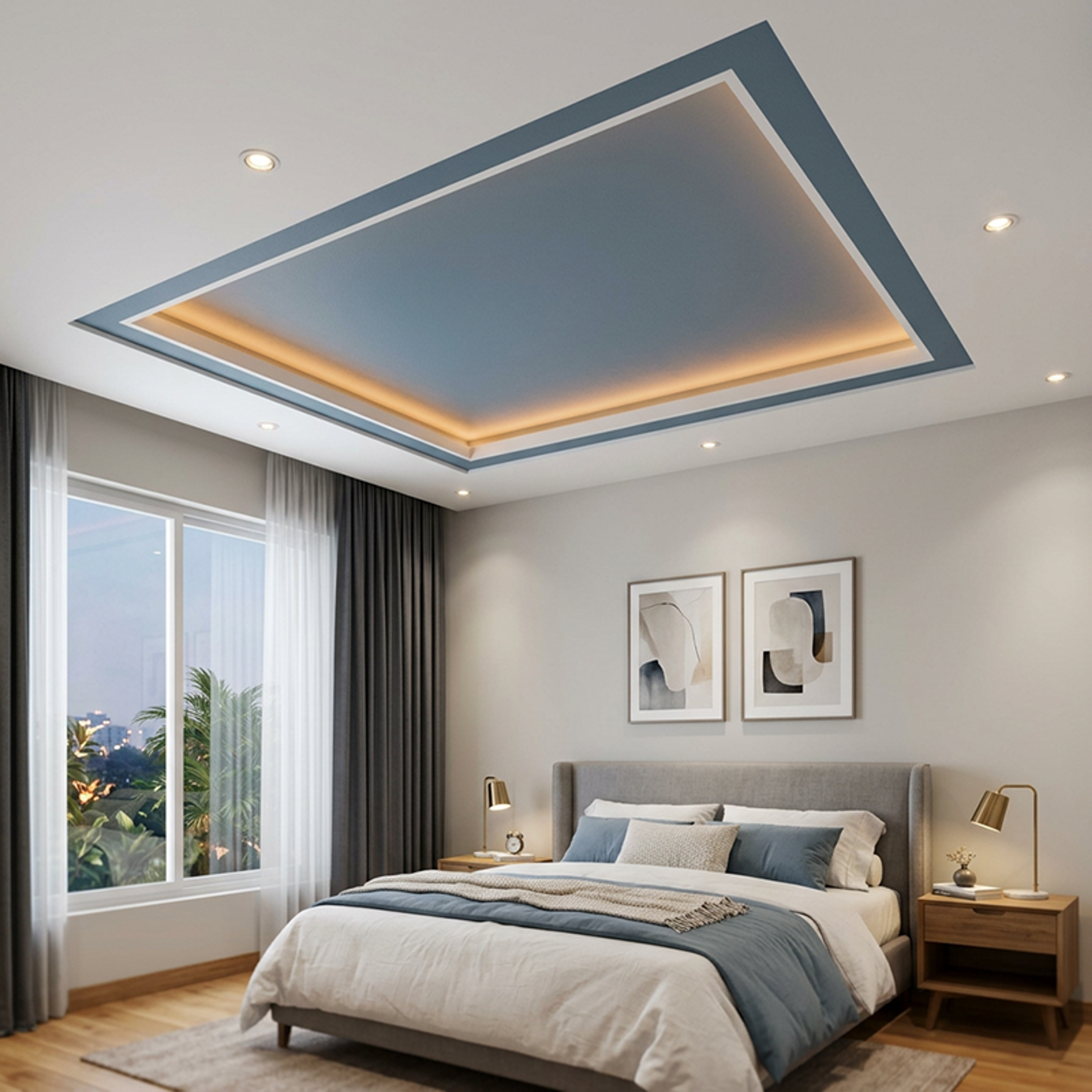 Double Layer Gypsum False Ceiling Design with Soft Blue-Grey Panel and Cove Light