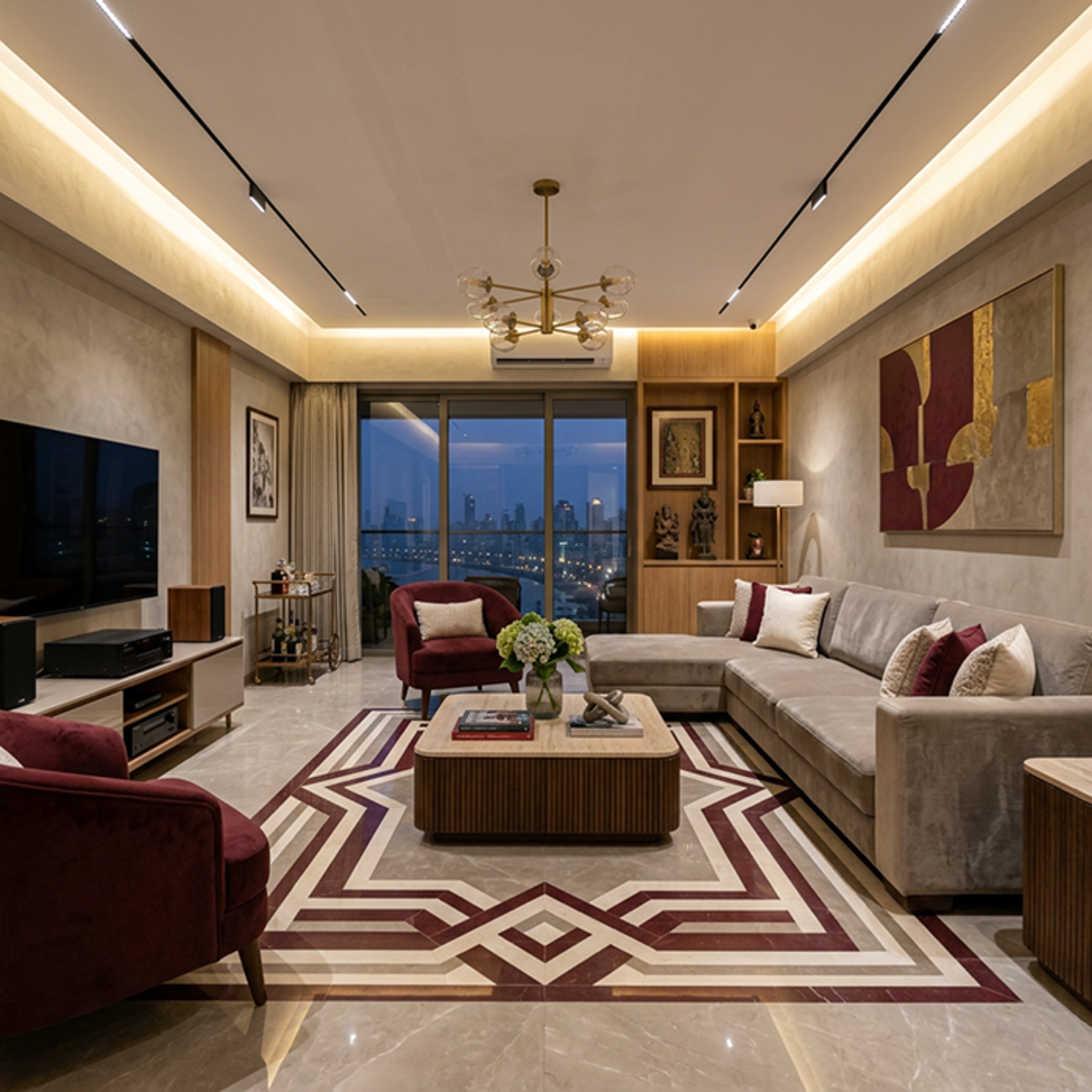 Single Layer Gypsum False Ceiling Design with Linear Track Lights and Chandelier