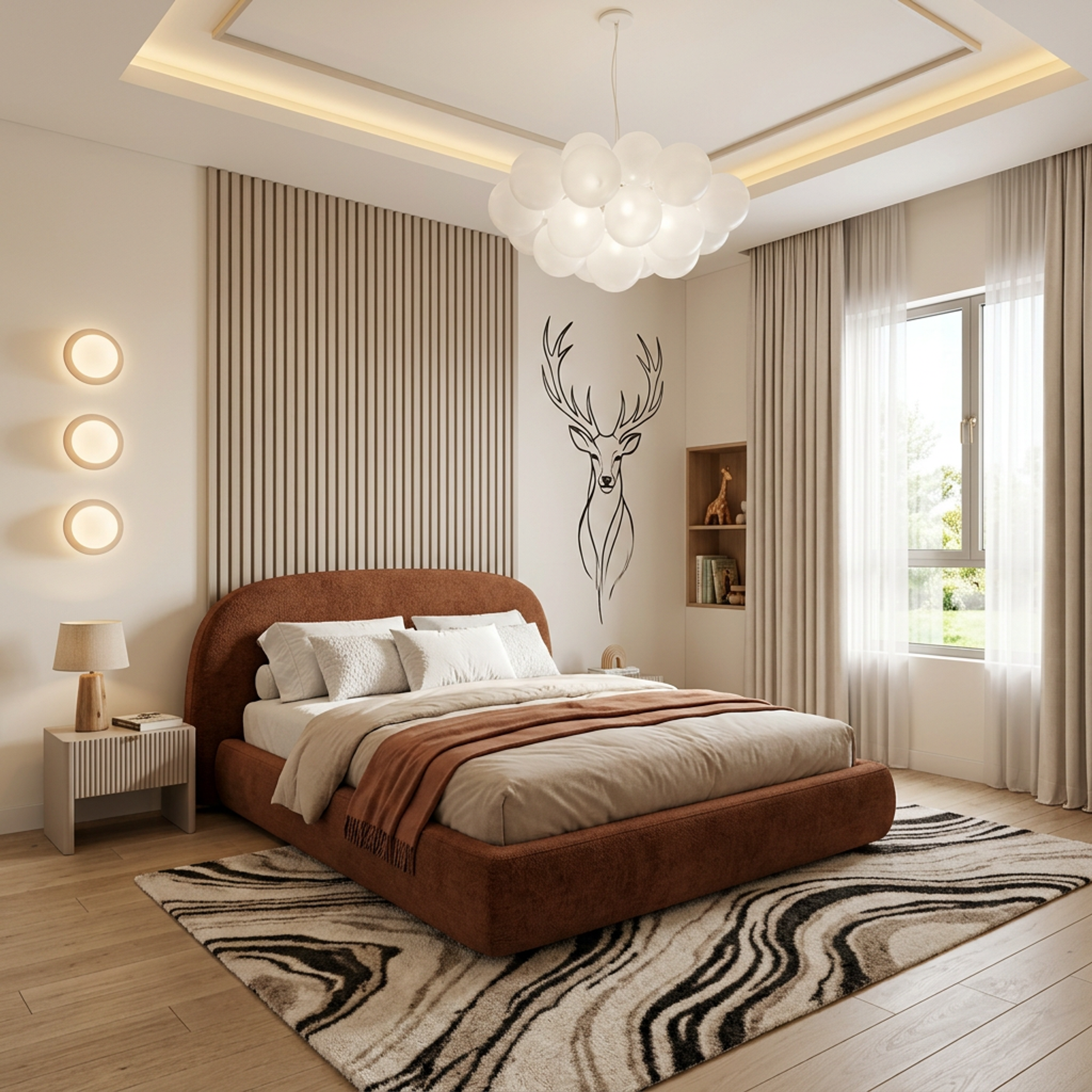 Bedroom Wall Paint Design with Wood Slat Panel and Stag Line Art Decal