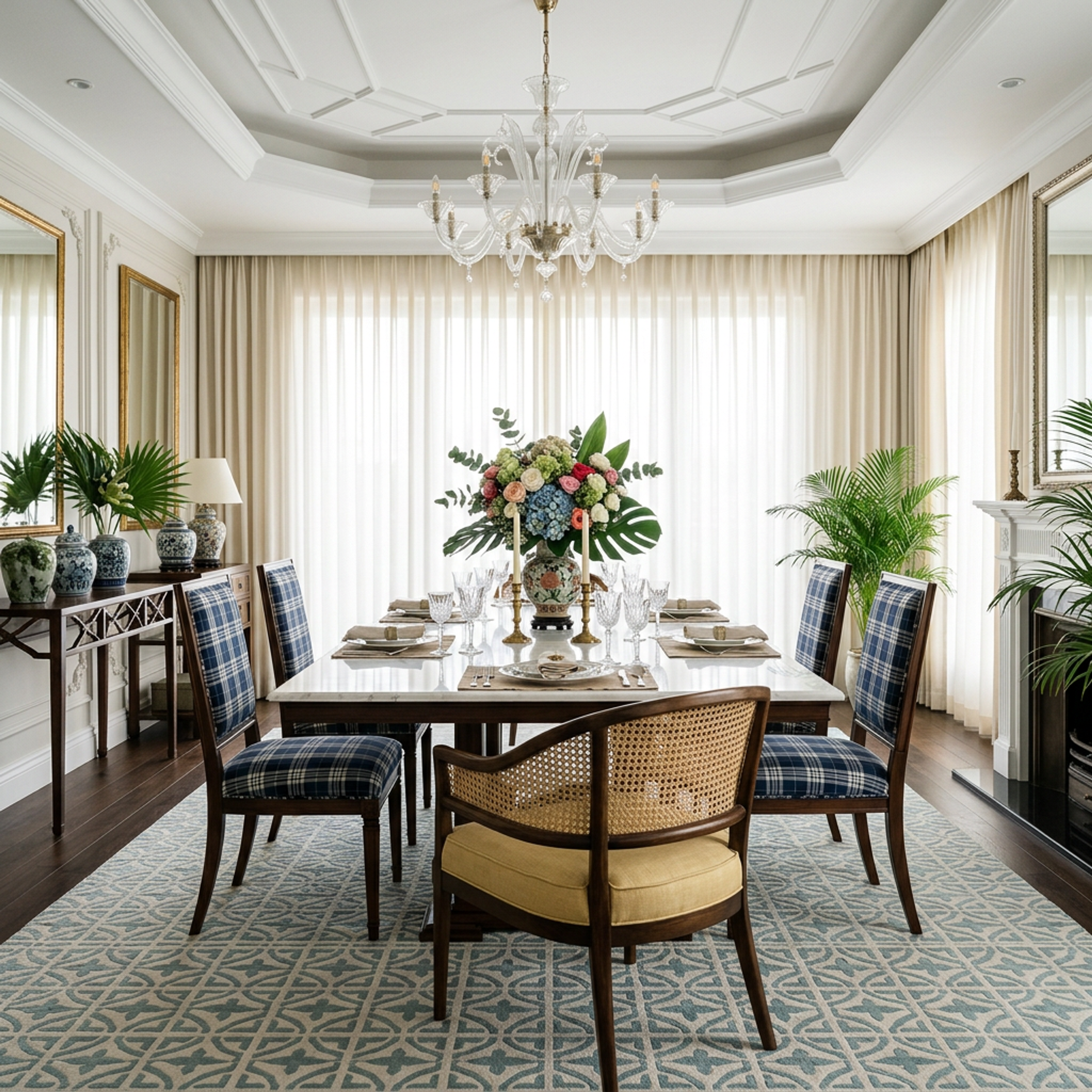 Rectangular Gypsum False Ceiling Design with Glass Chandelier and Spotlights