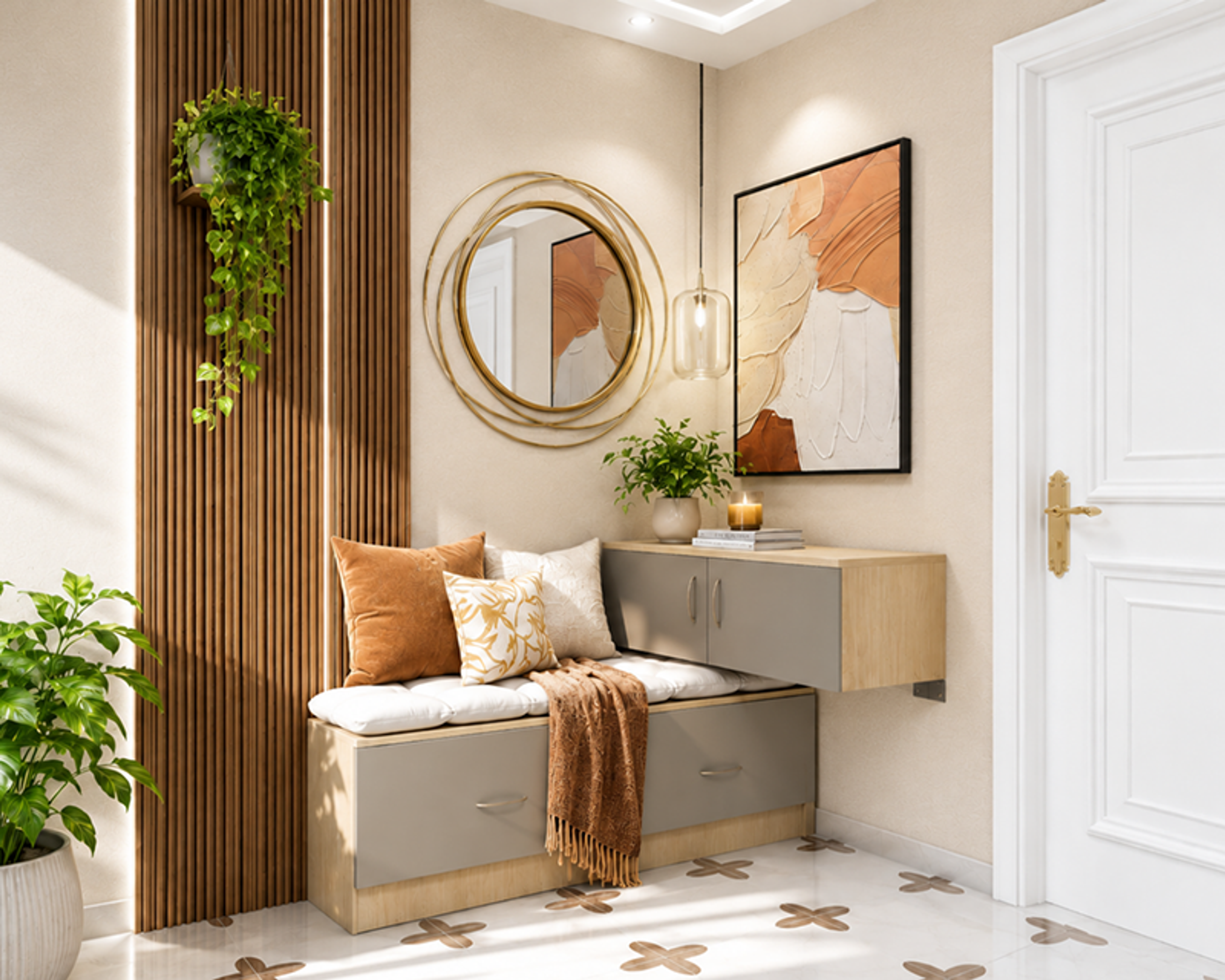 Foyer Design with Dove Grey Storage Bench and Fluted Wood Backdrop
