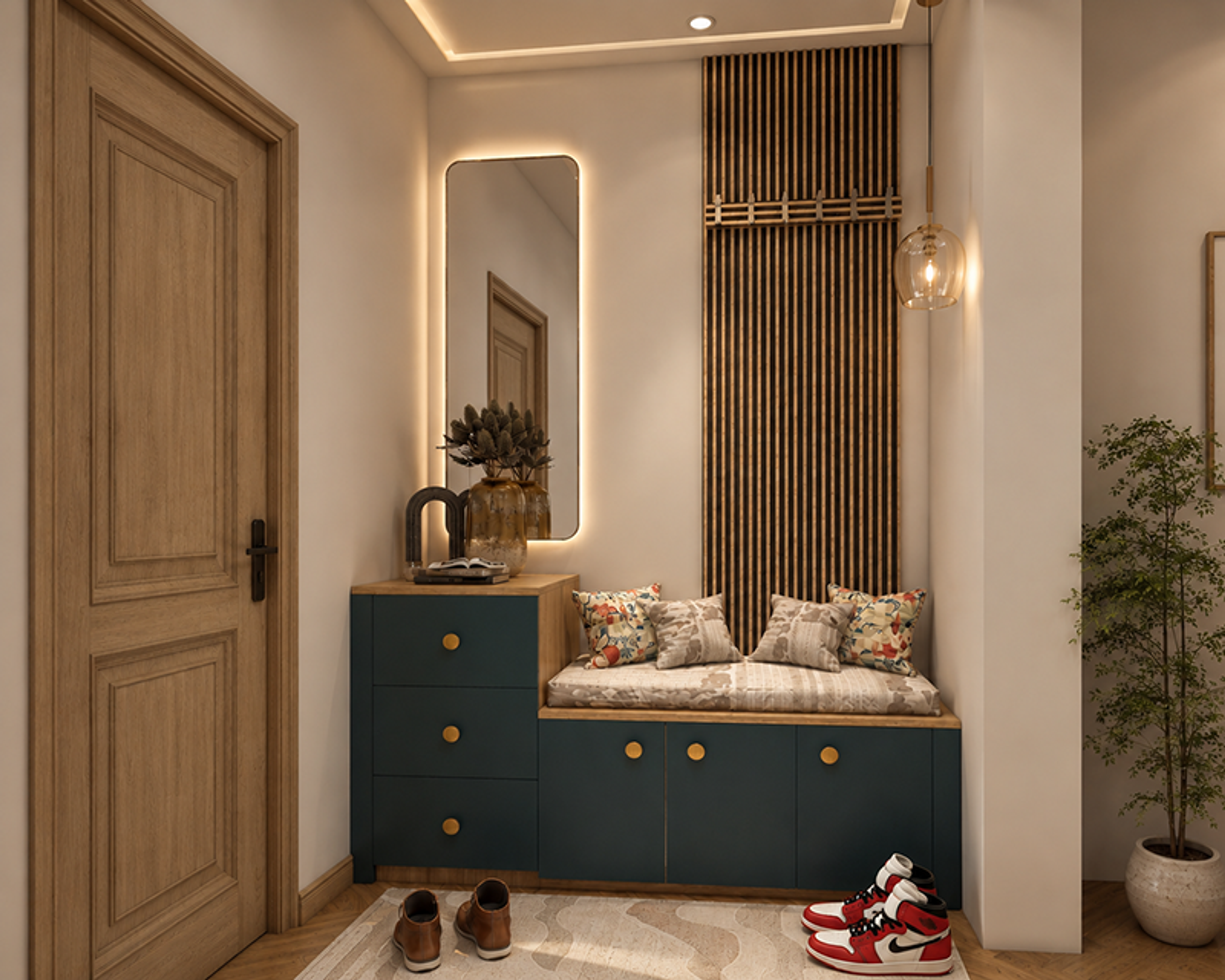 Foyer Design with Blue Storage Bench and Backlit Mirror