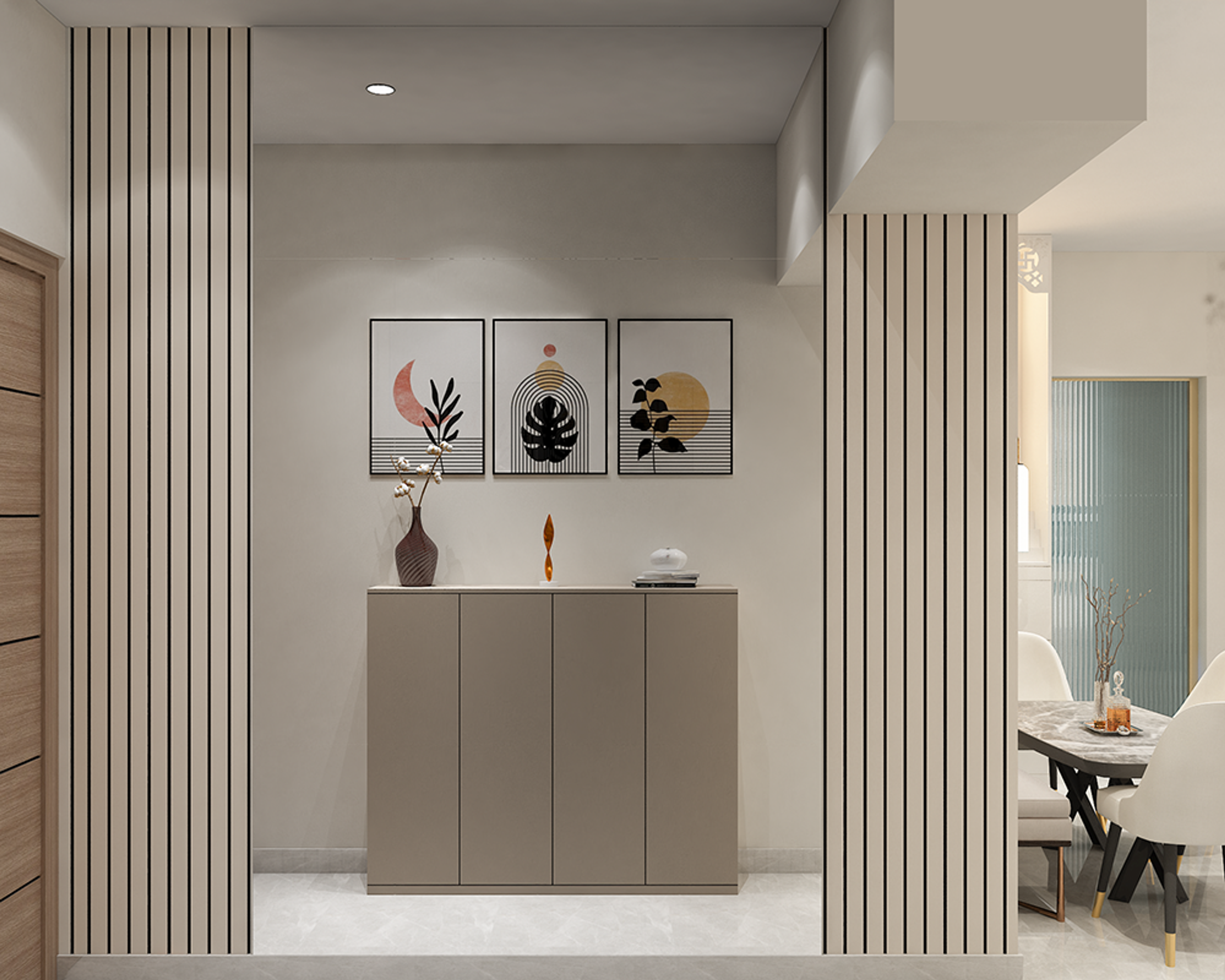 Contemporary Taupe Foyer Design with Handleless Shoe Cabinet