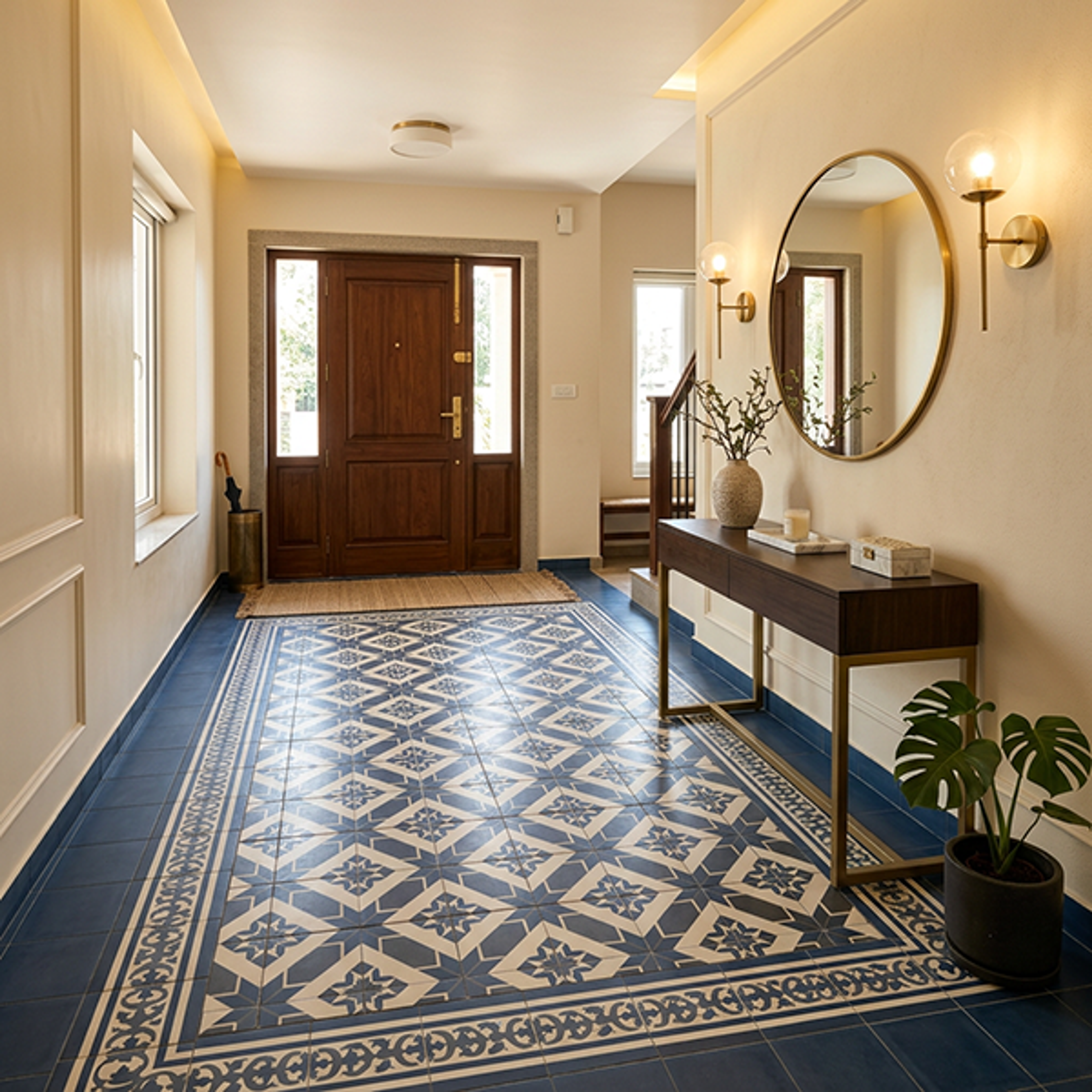 Foyer Design with Wooden Console Table and Blue Patterned Floor Tiles
