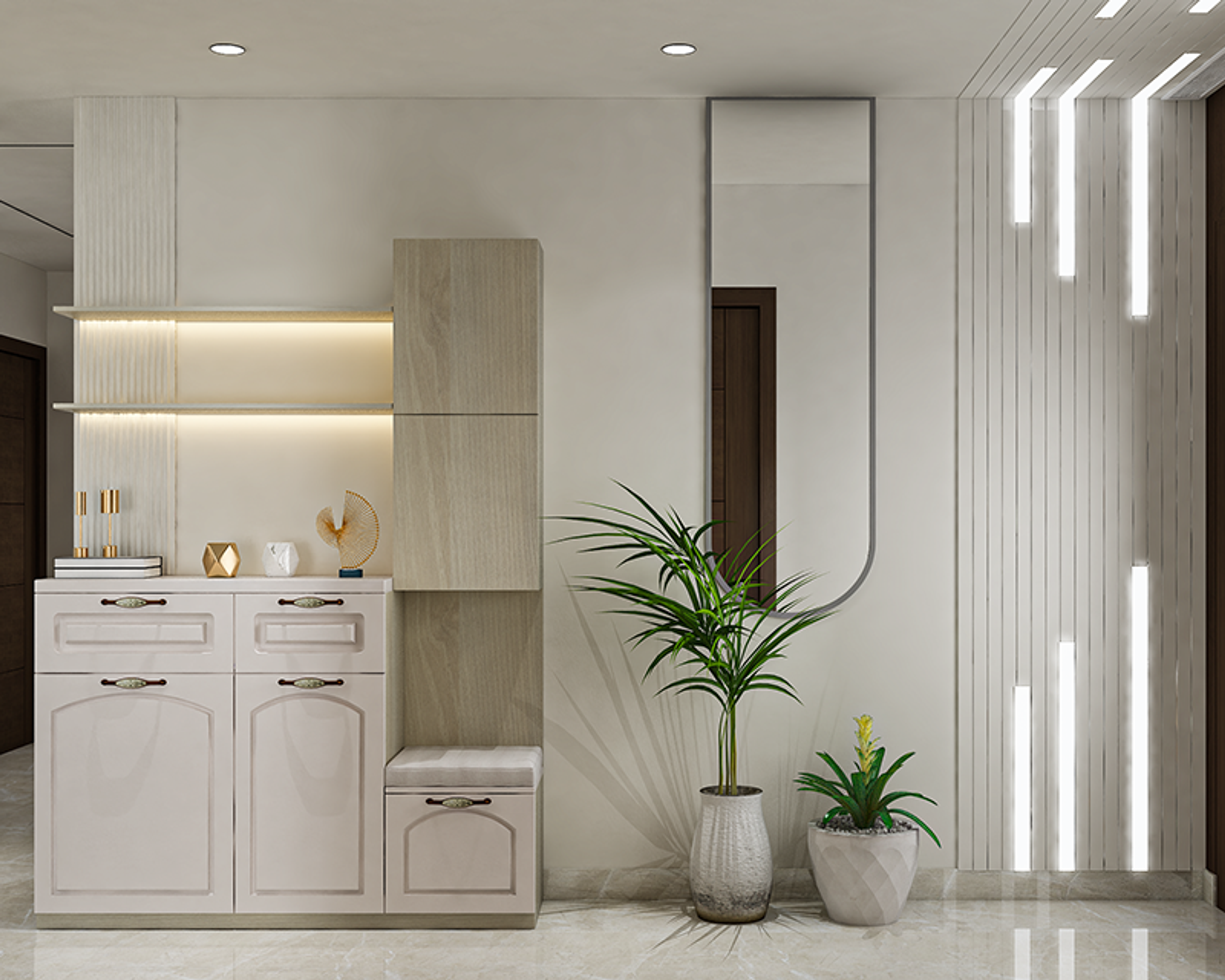Modern Acacia Foyer Design with Low Storage Seating Bench and Cabinets