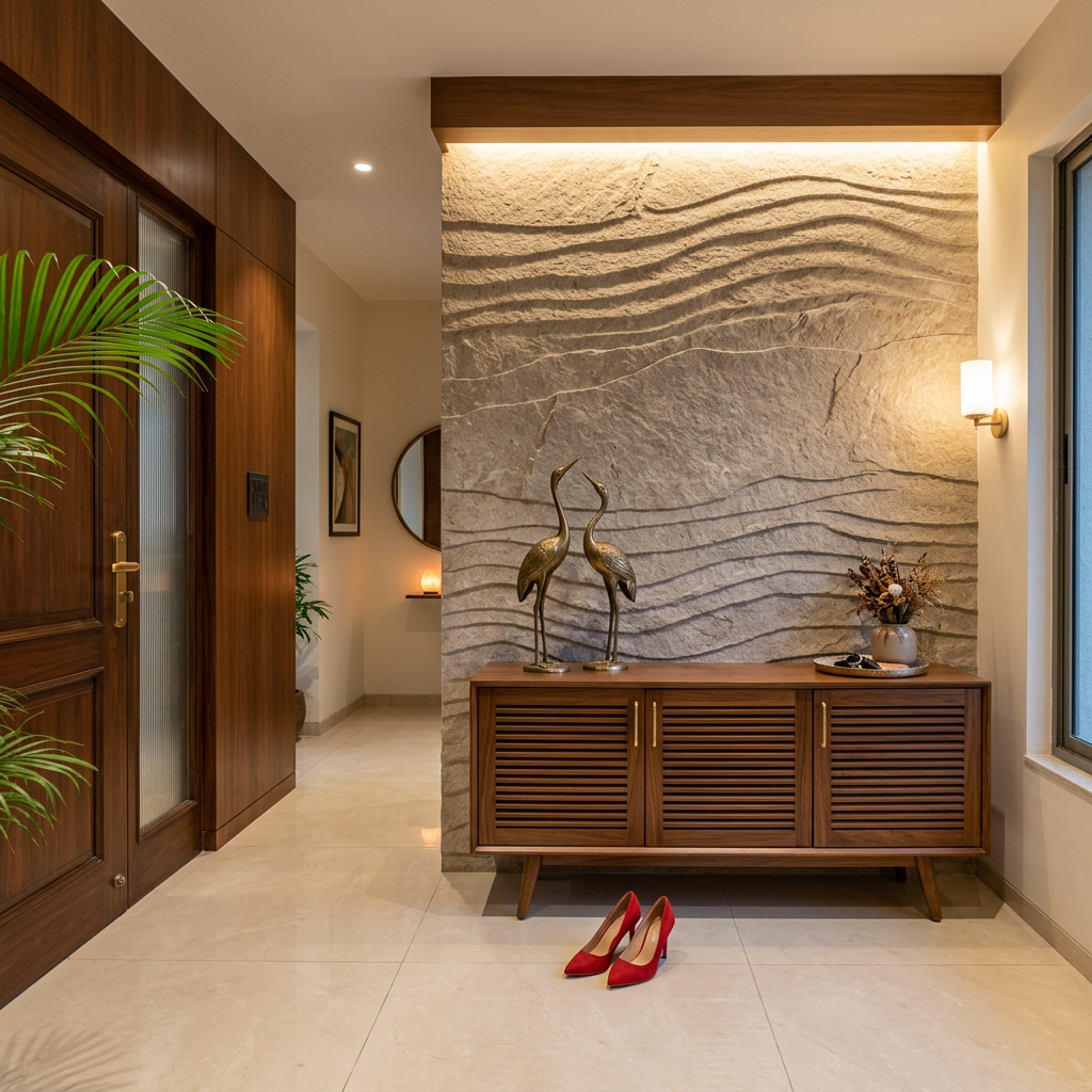 Contemporary Amati PD Foyer Design with Arched Niche and Wooden Slats