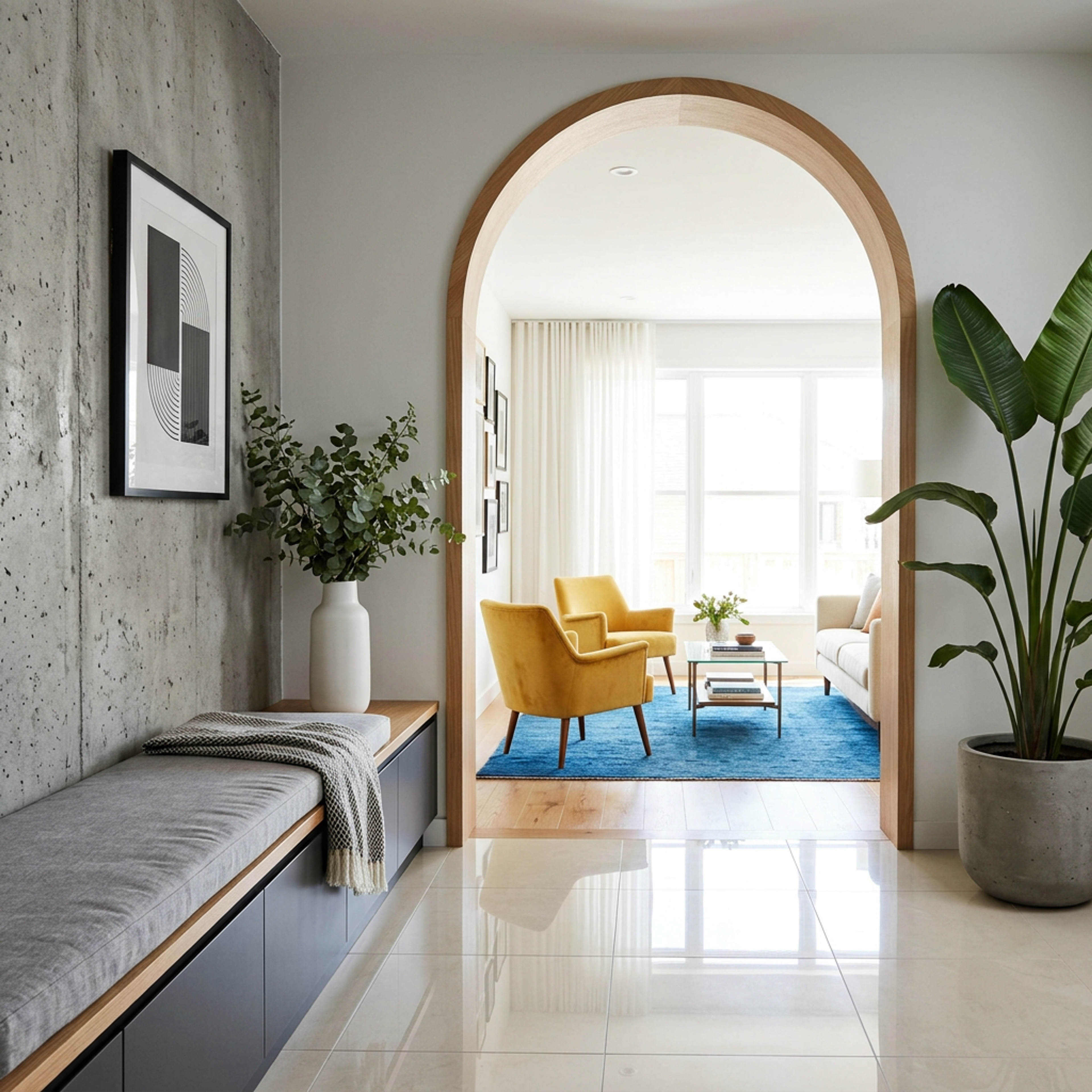 Modern Concrete Grey Foyer Design with Built-in Bench and Wood Framed Archway