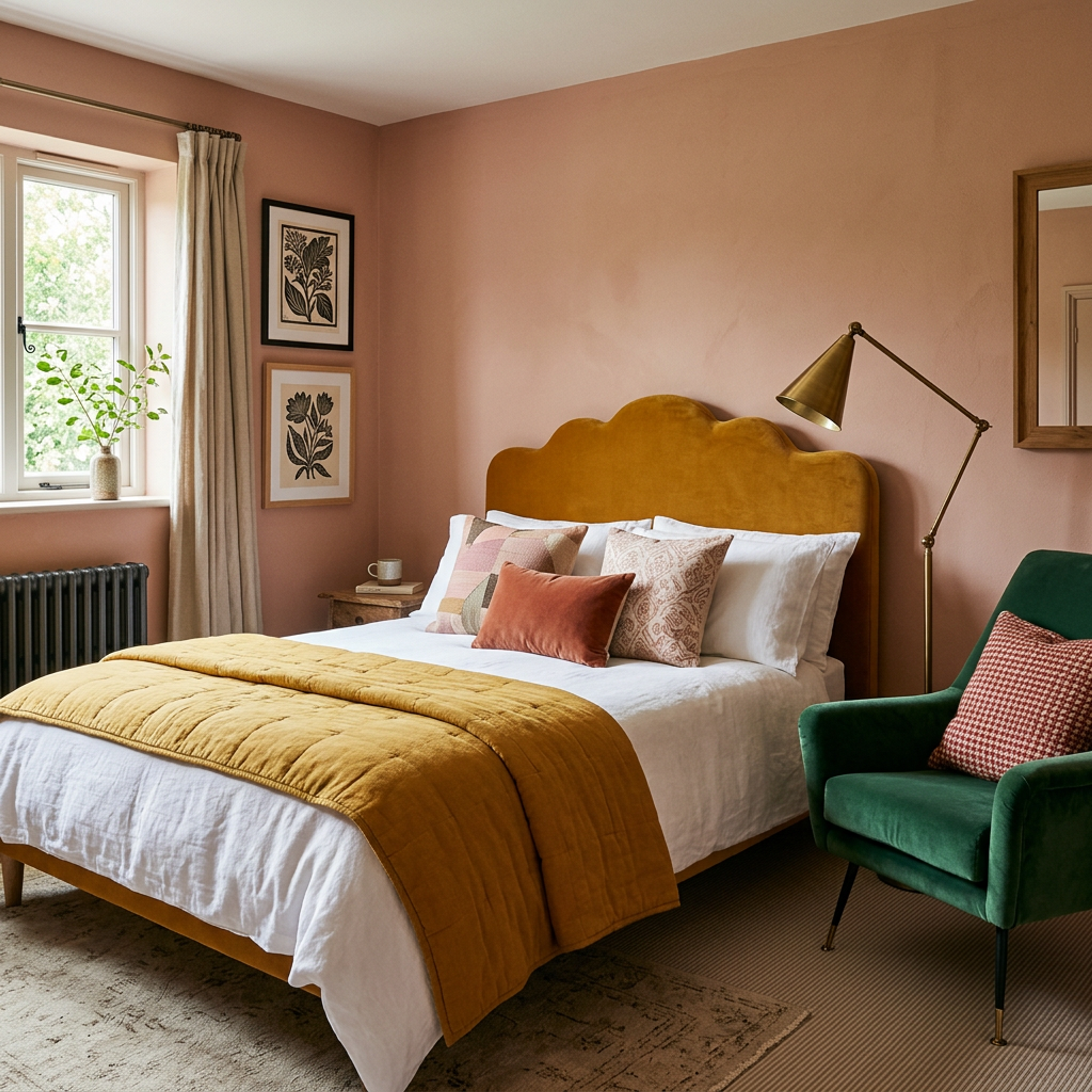 Contemporary Guest Bedroom Design with Velvet Bed and Emerald Green Chair