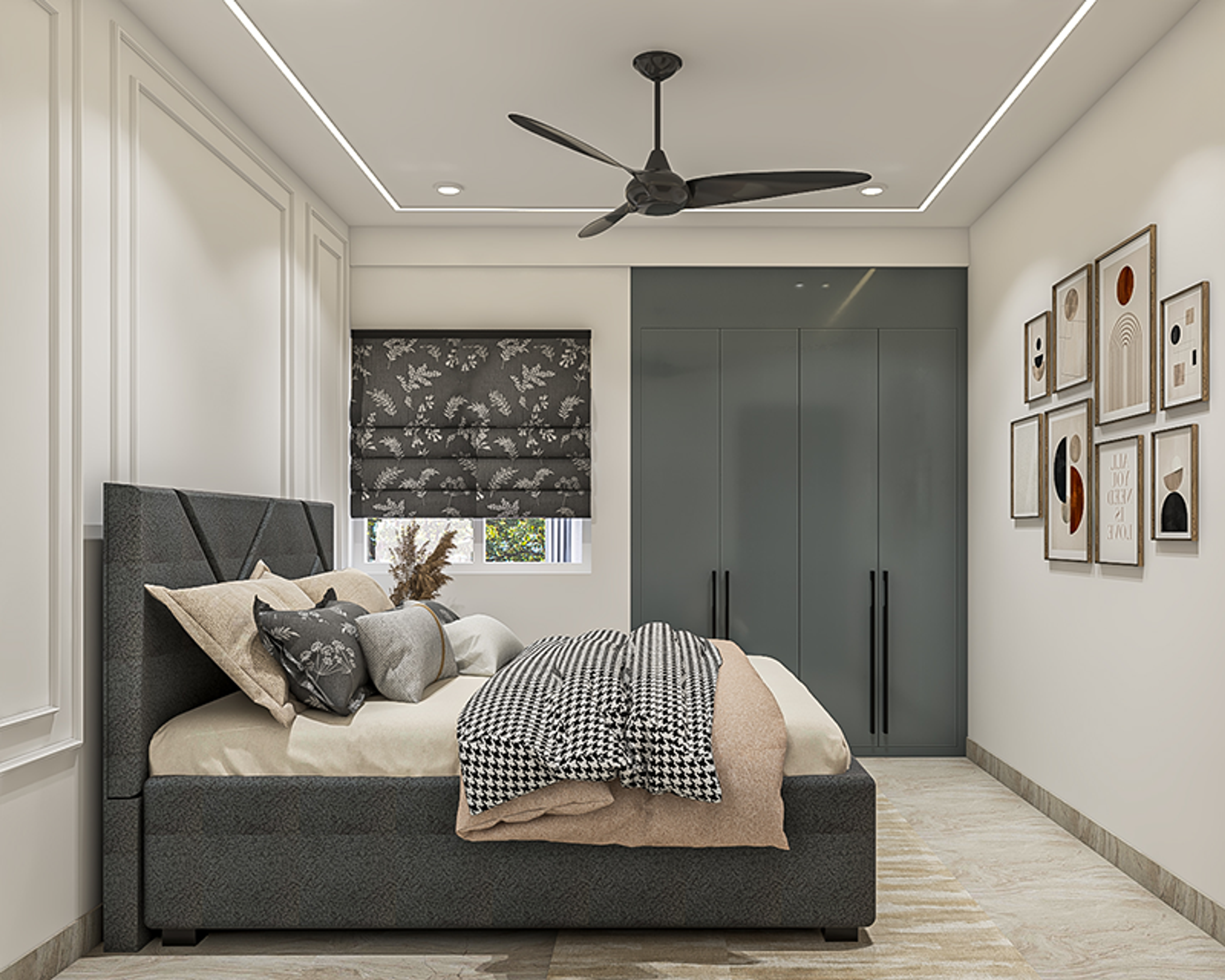 Grey Guest Bedroom Design with Geometric Bed and High-Gloss Wardrobe