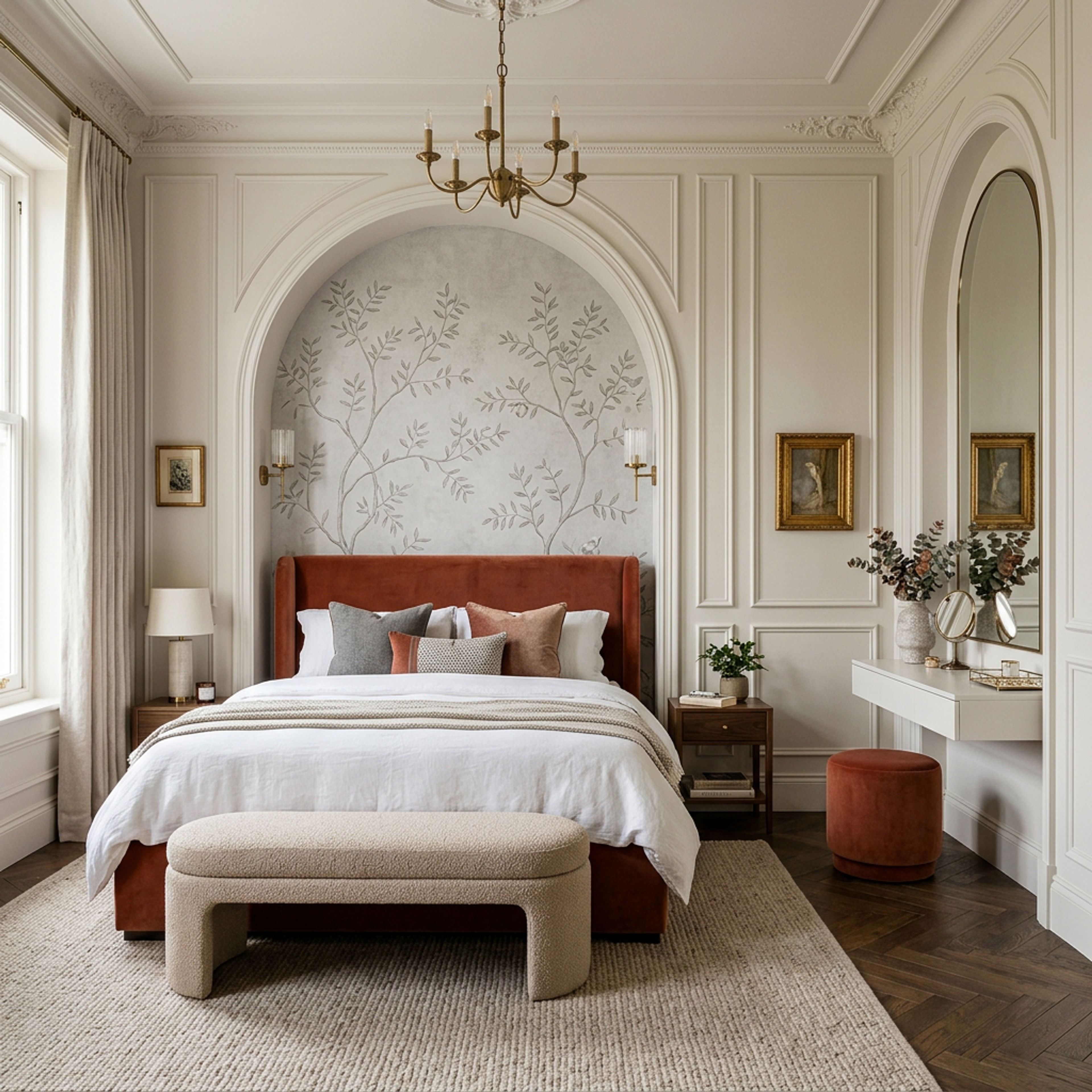 Modern Guest Bedroom Design with Rust Velvet Bed and Arched Mural Wall