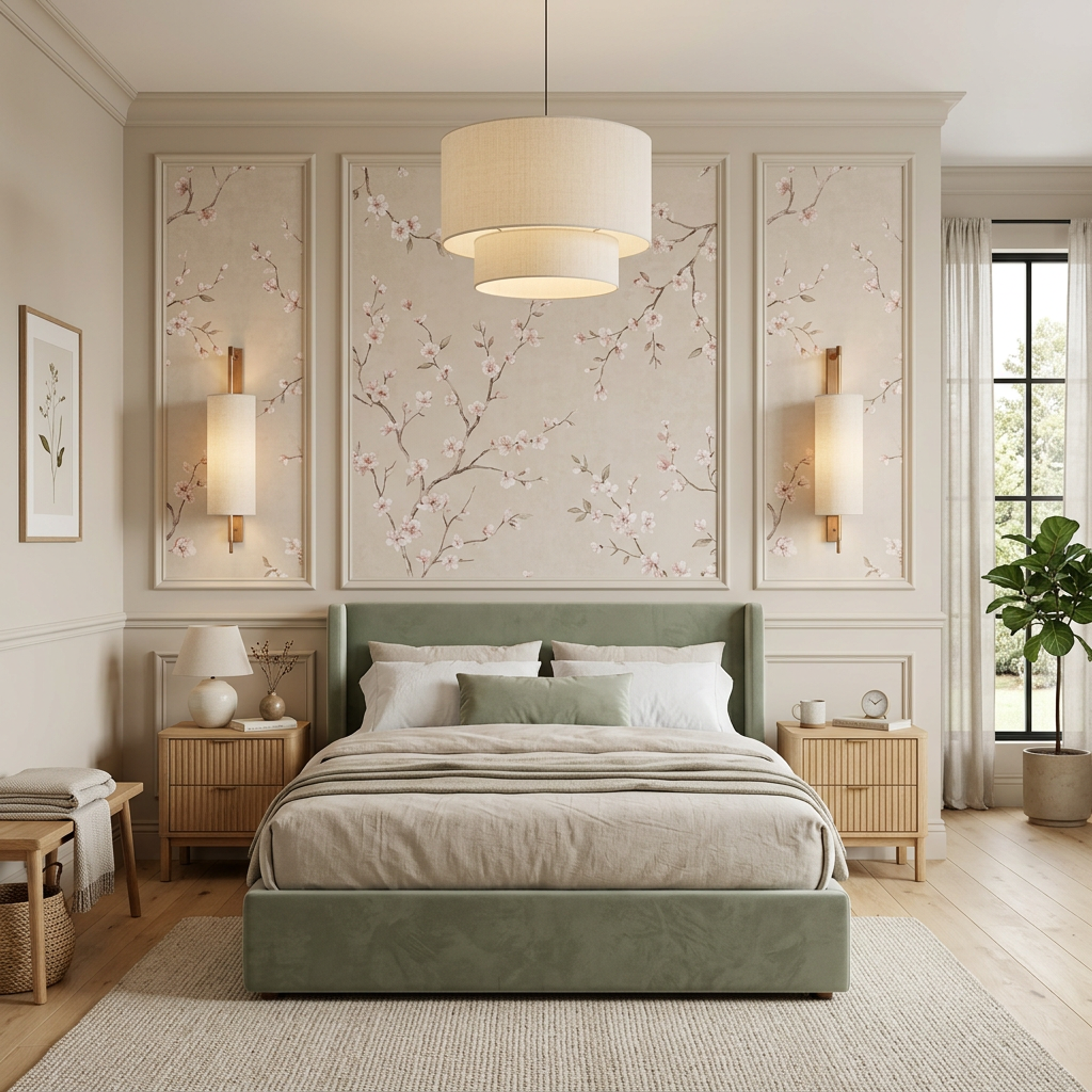 Contemporary Guest Bedroom Design in Green with Cherry Blossom Wallpaper