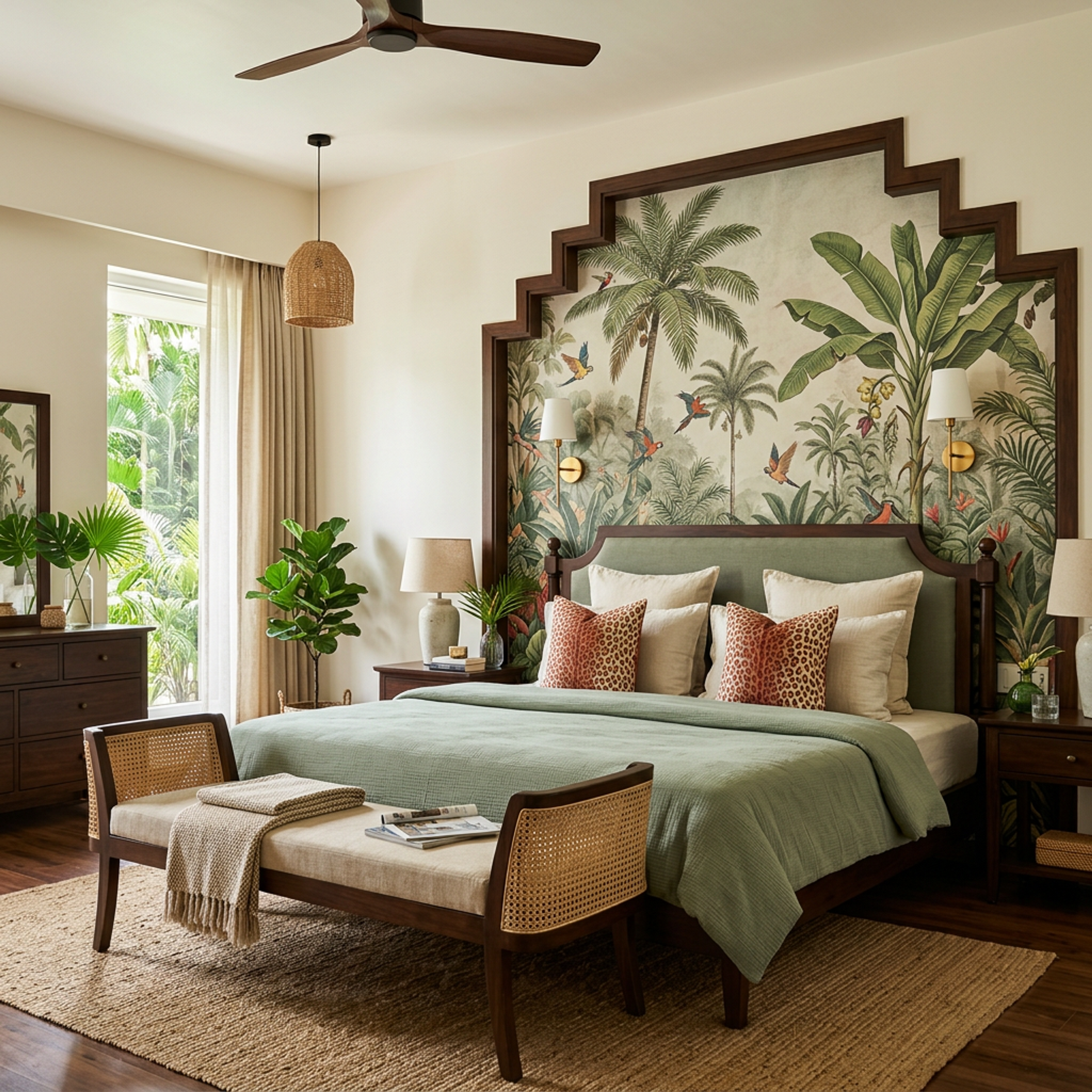Contemporary Guest Bedroom Design with Tropical Mural and Rattan Bench