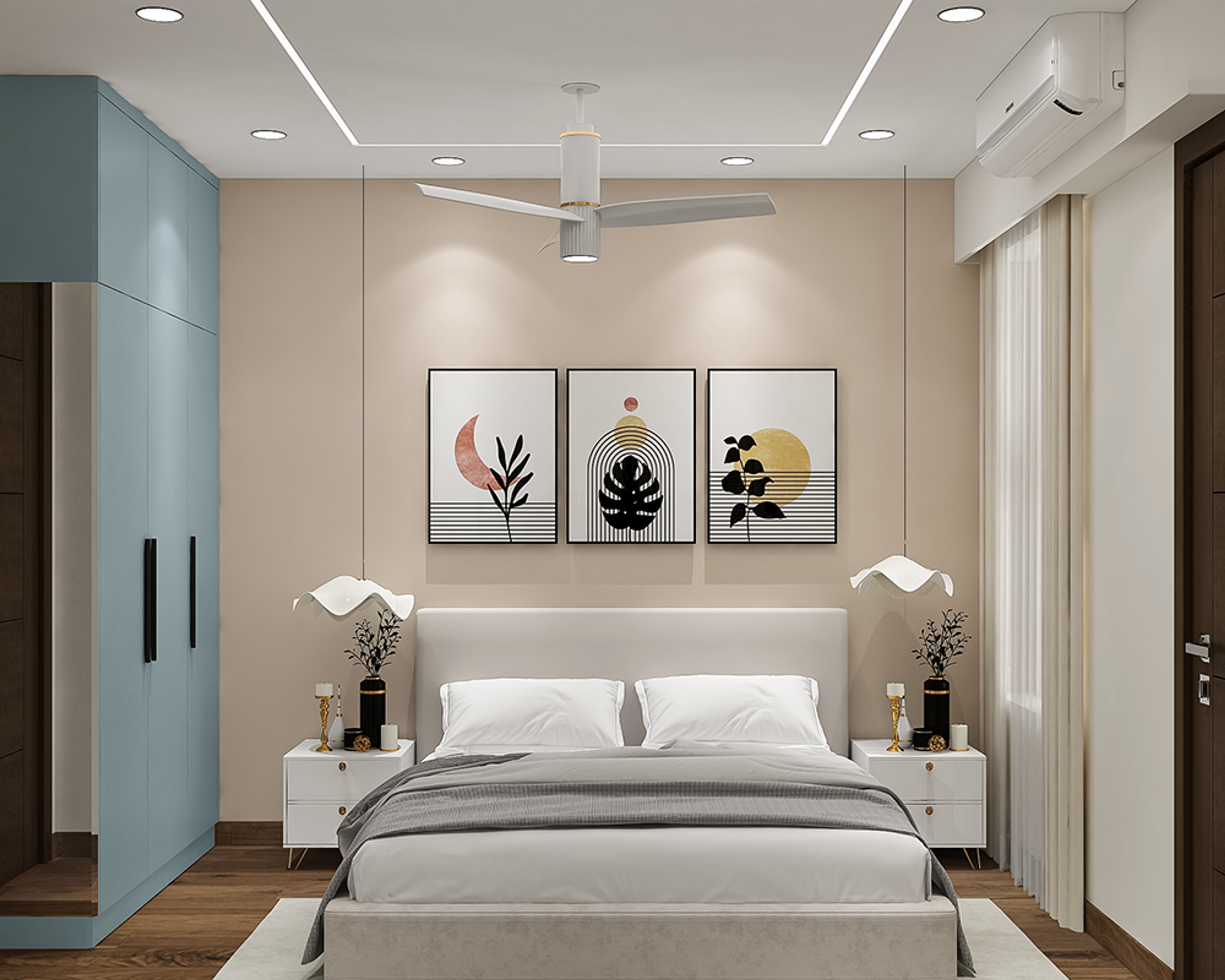 Contemporary Guest Bedroom Design with Blue Wardrobe and Botanical Artwork