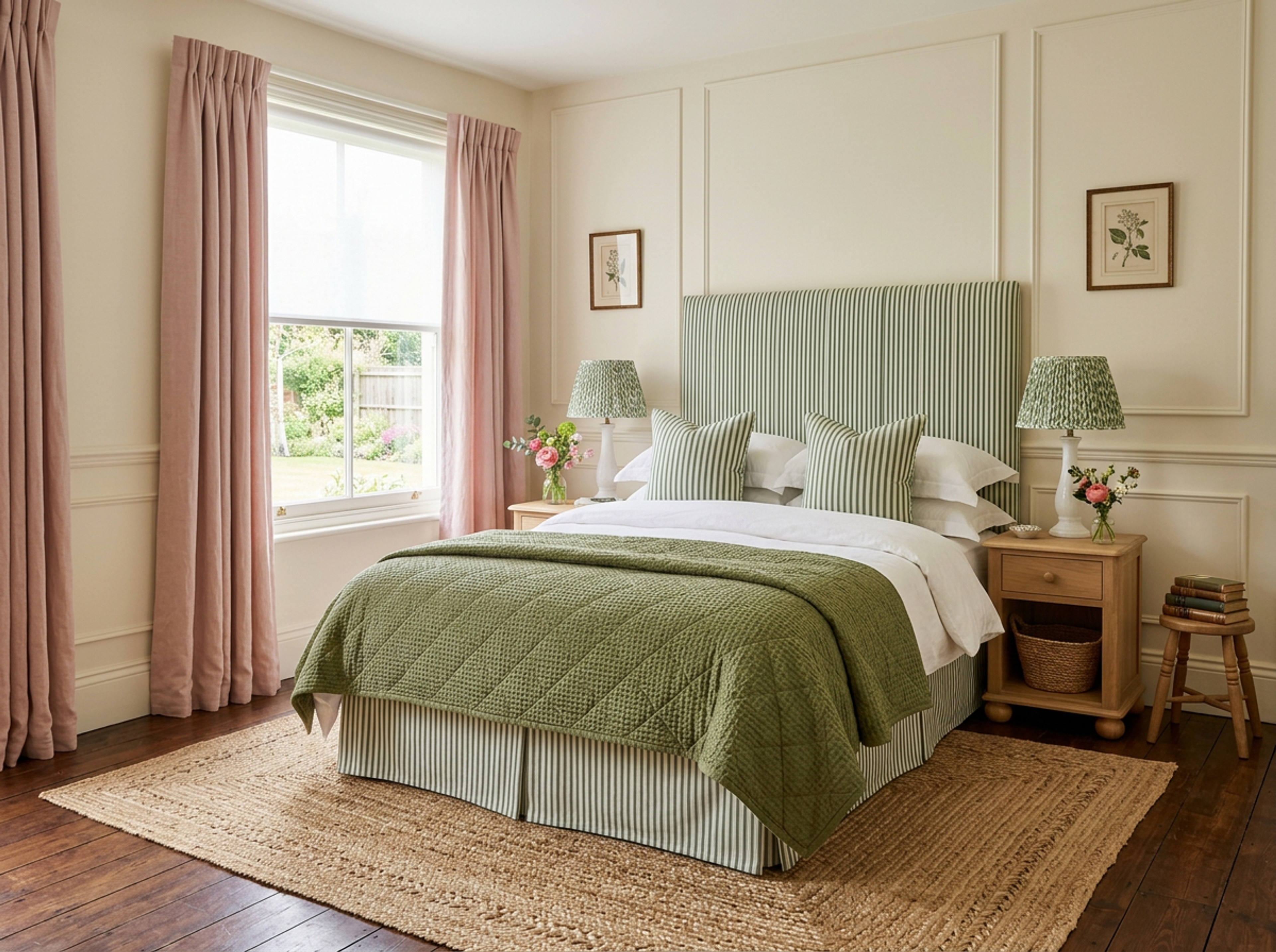 Vintage Guest Bedroom Design with Pinstriped Headboard and Jute Rug
