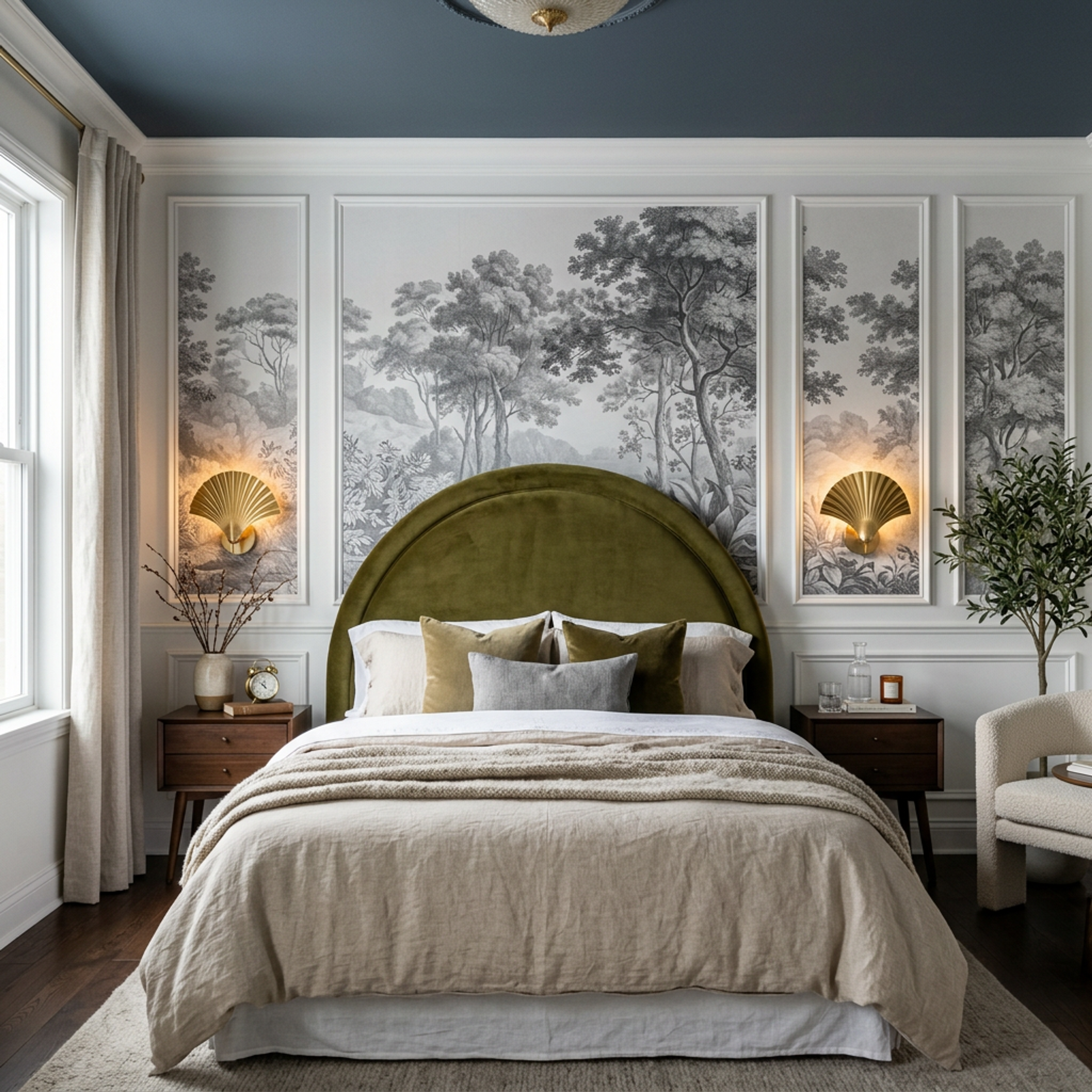 Contemporary Guest Bedroom Design with Green Headboard and Wall Paneling