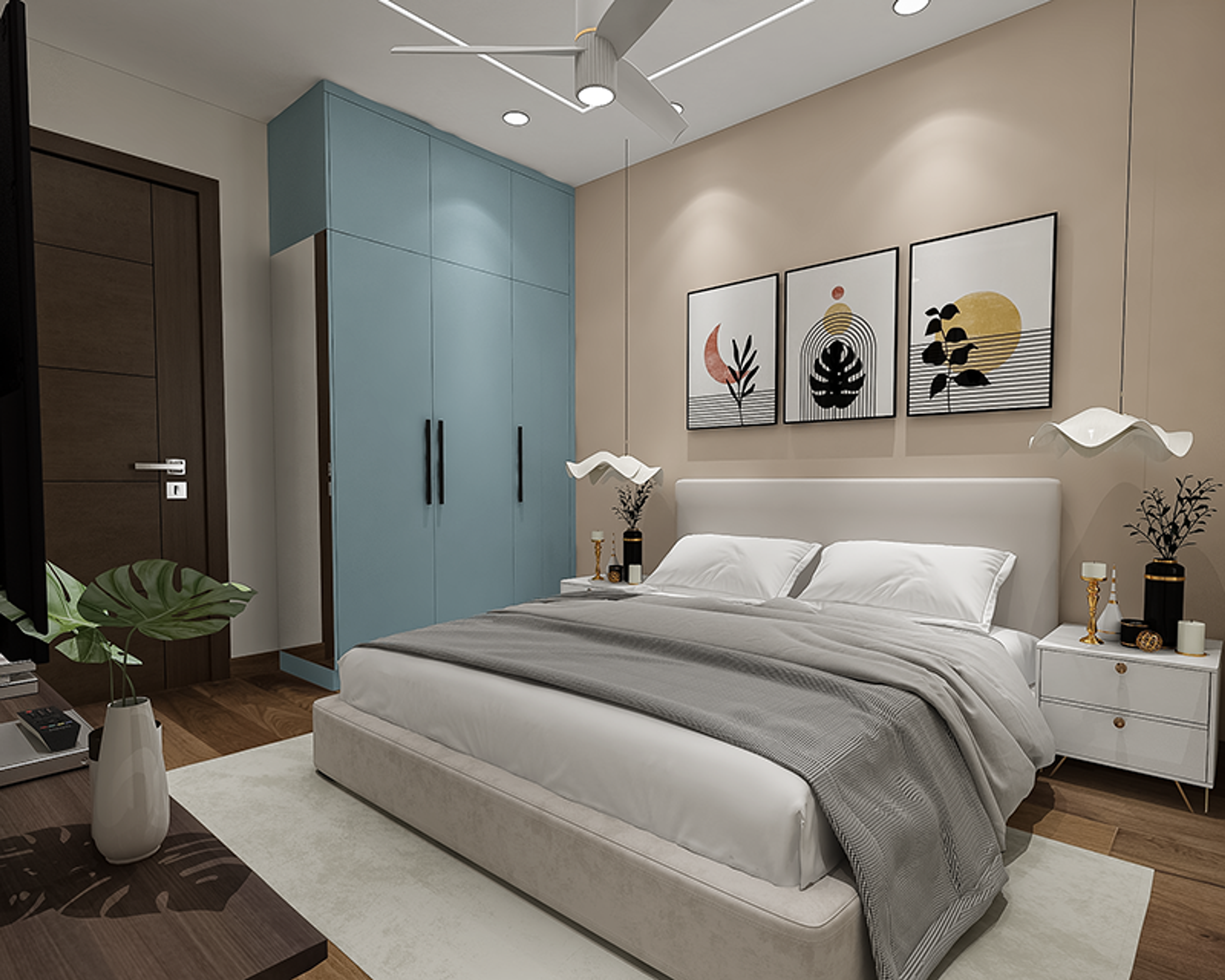 Pastel Guest Bedroom Design with Platform Bed and Sky-Blue Built-In Wardrobe