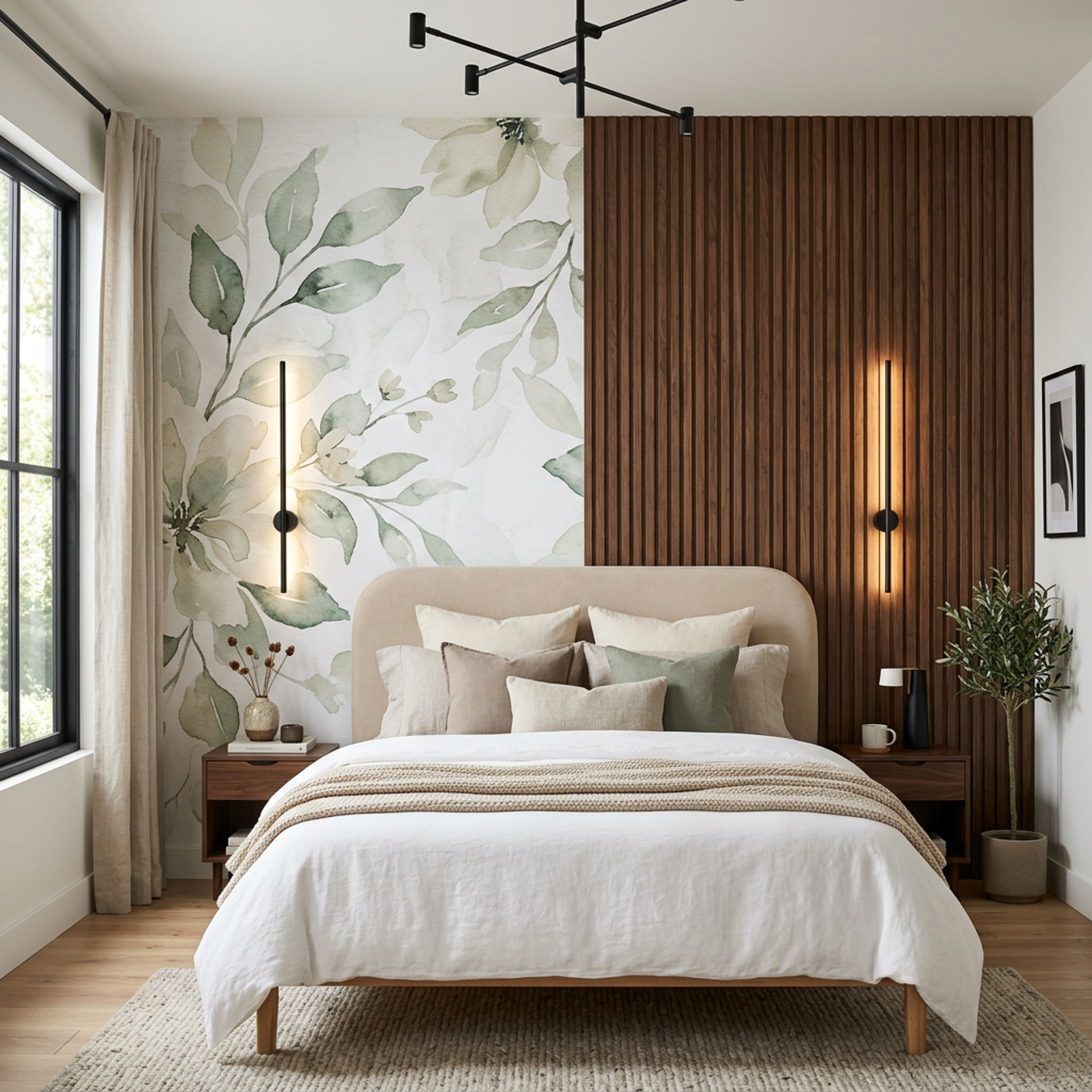 Modern Guest Bedroom Design with Split Botanical Mural and Wood Slat Wall