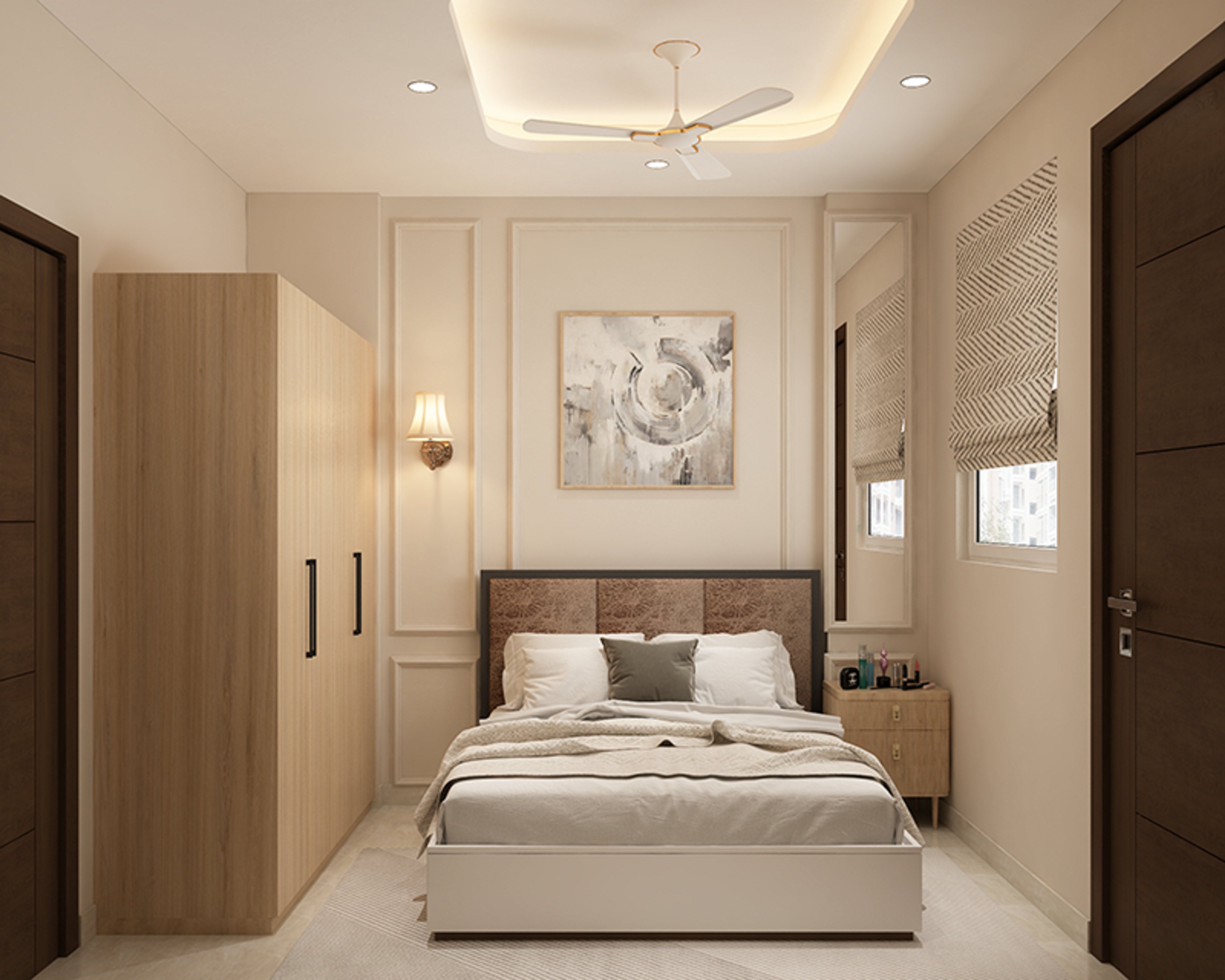 Transitional Guest Bedroom Design with Wood Furniture and Panelled Walls