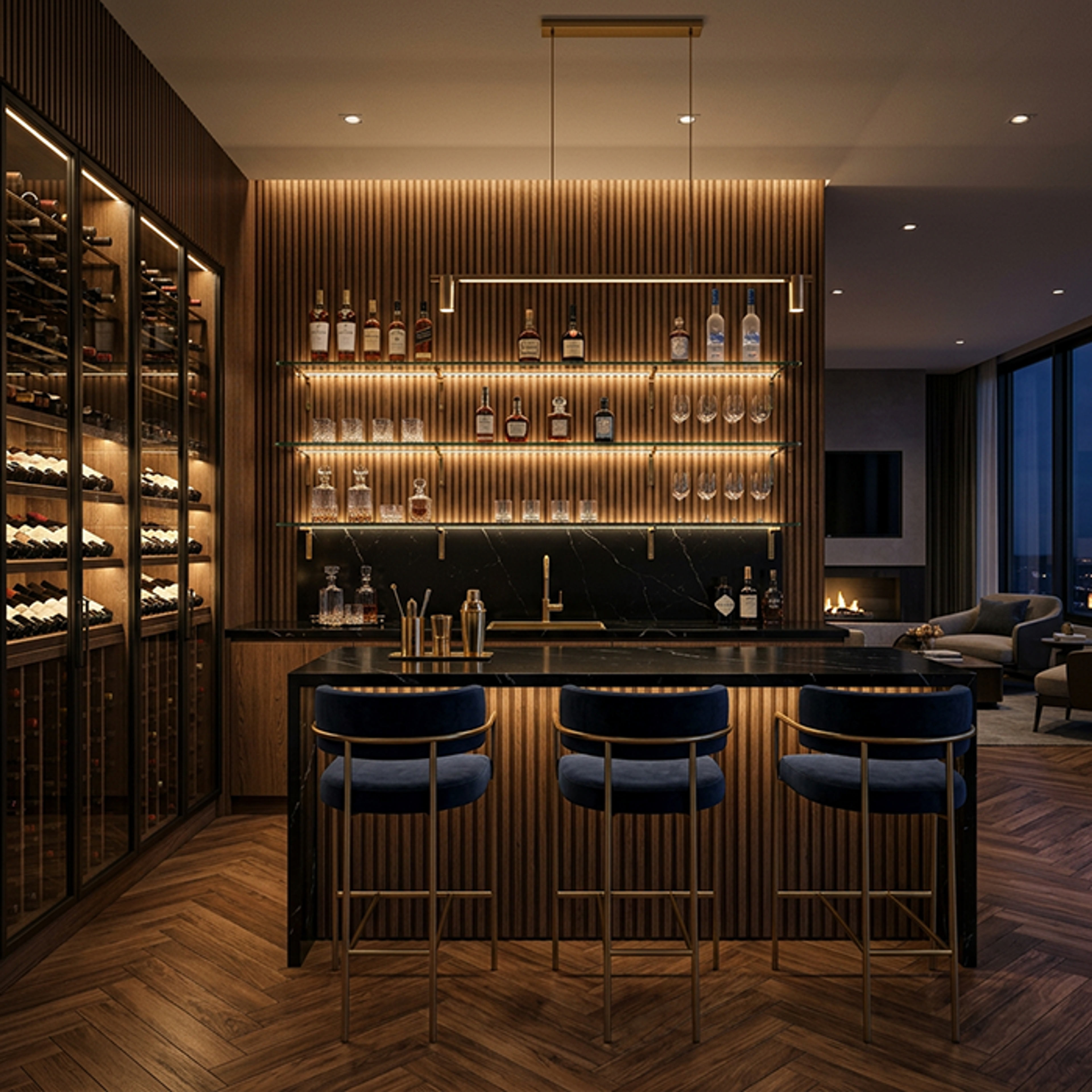 Modern Home Bar Design with Dark Walnut Wood and Floating Glass Shelves