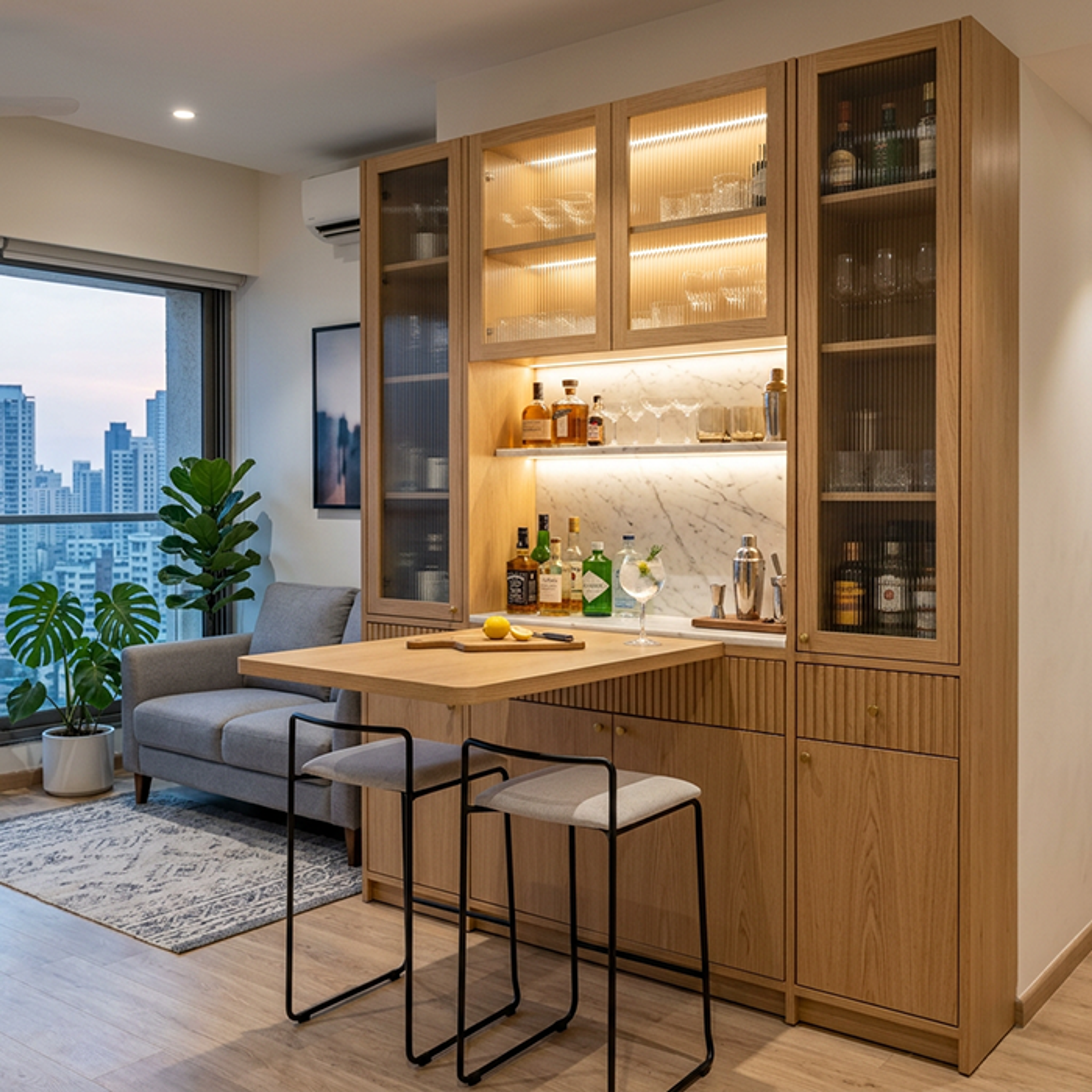 Contemporary Light Wood Home Bar Design with Foldable Bar Counter
