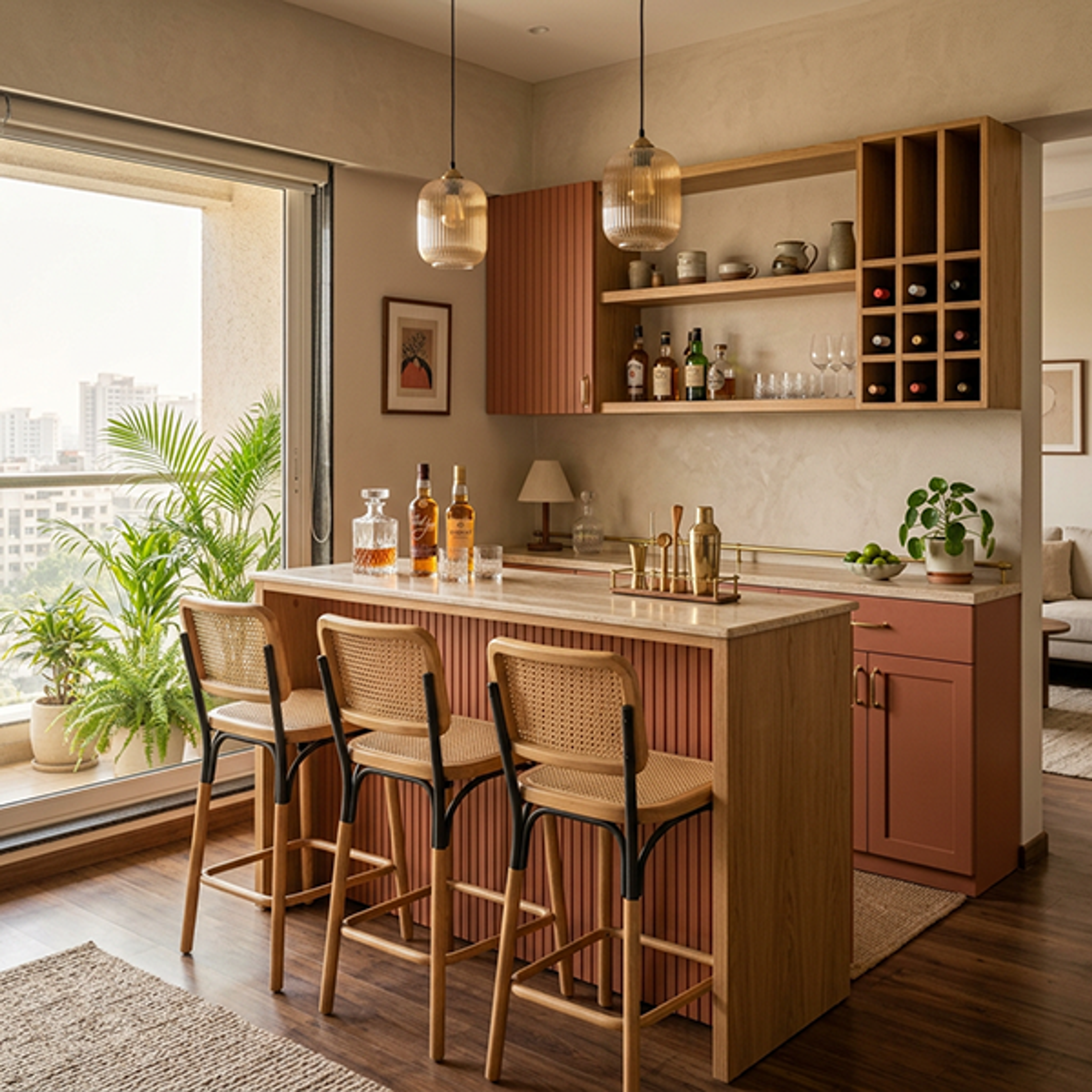 Transitional Terracotta and Wood Home Bar Design with Rattan Stools