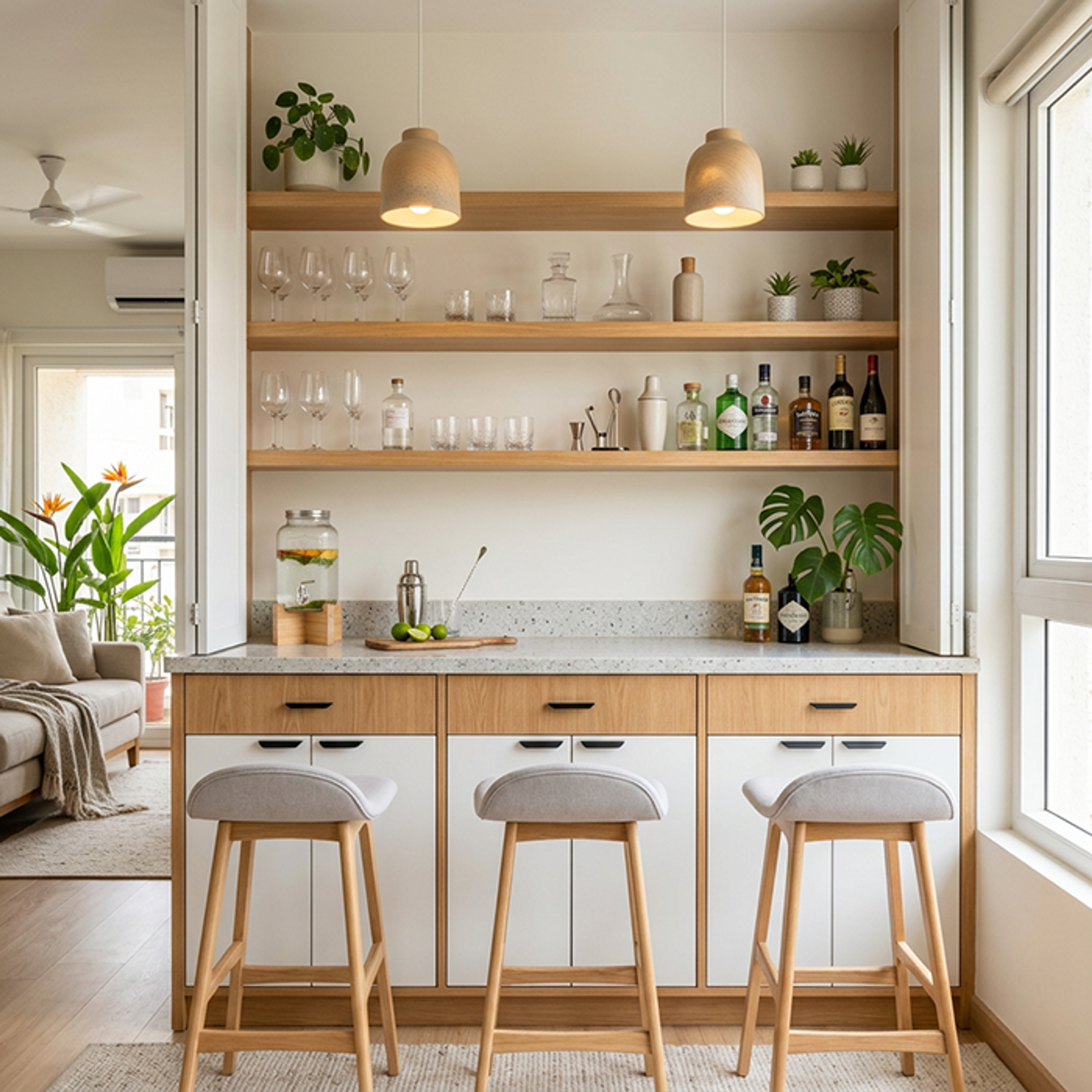 Scandinavian White and Wood Home Bar Unit with Terrazzo Backsplash