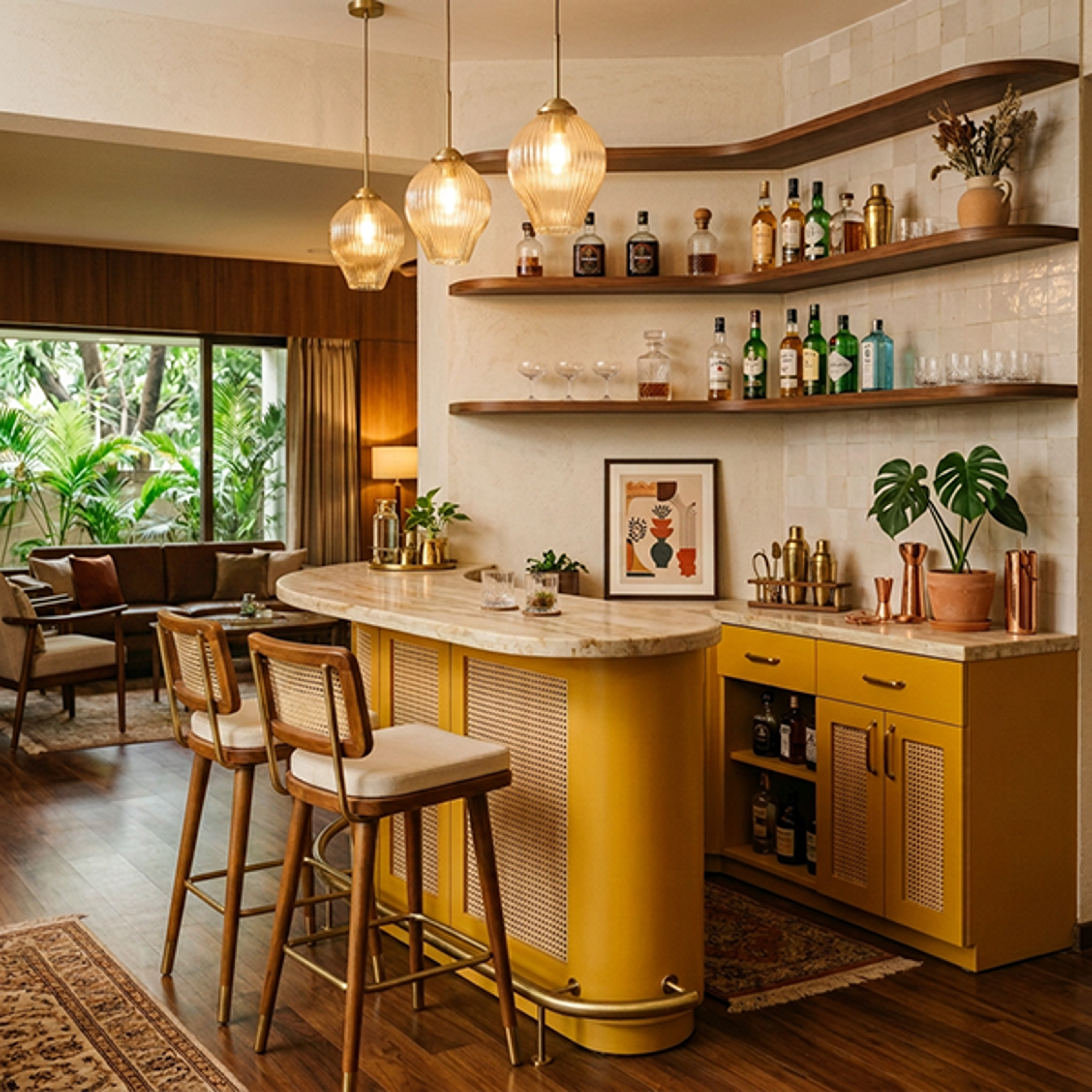 Contemporary Mustard Yellow Home Bar Design with Curved Bar Counter