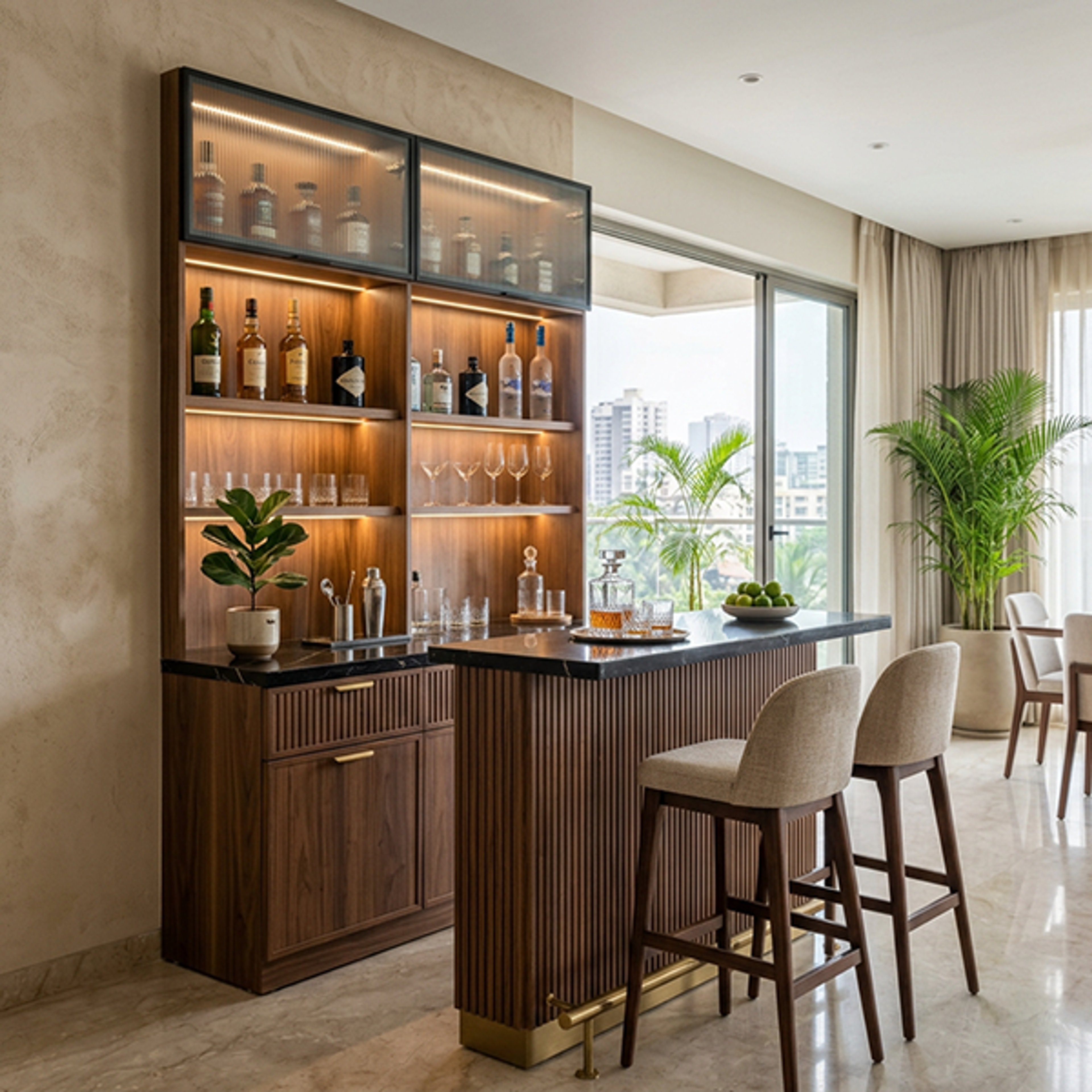 Contemporary Dark Walnut Home Bar Design with Fluted Island Counter