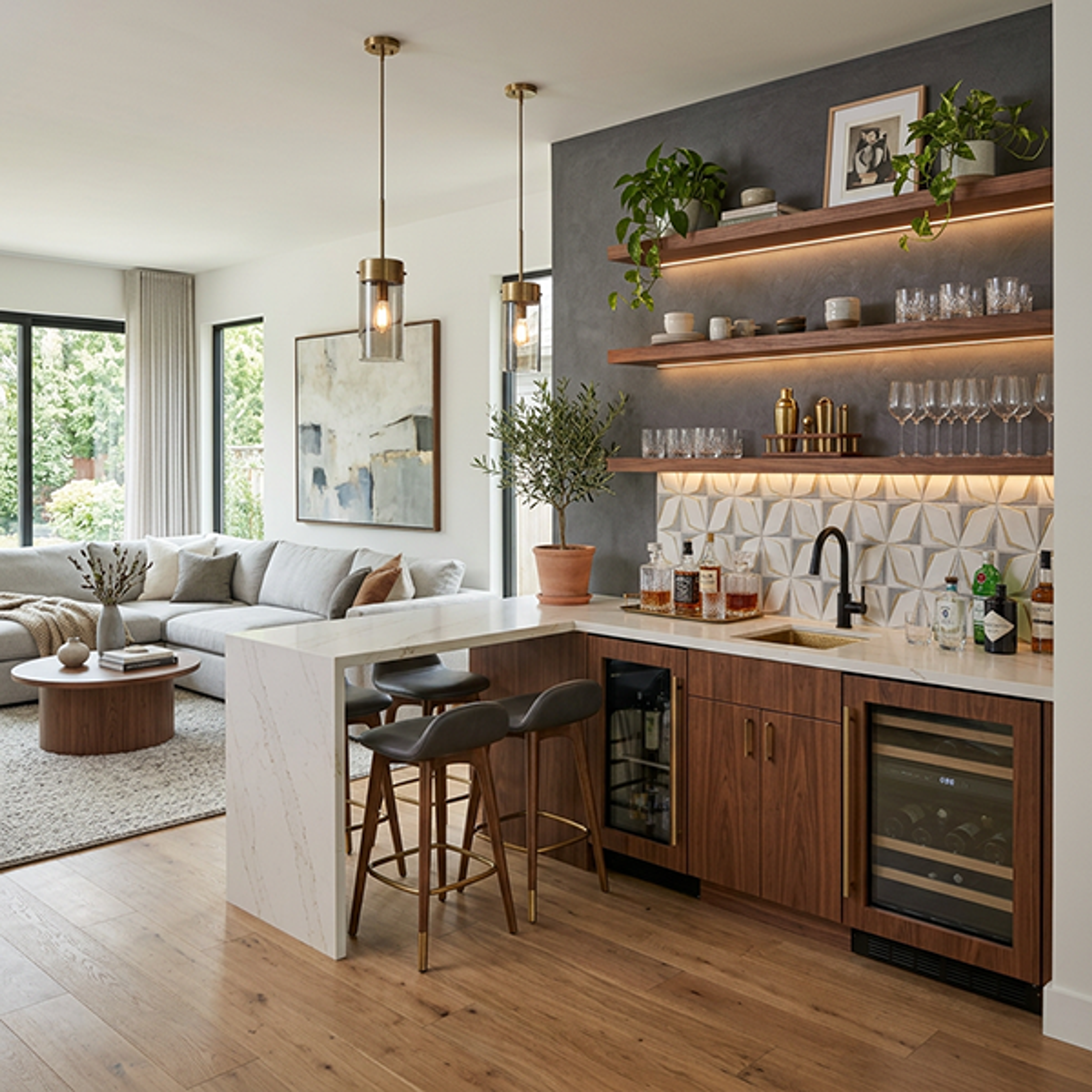Contemporary Home Bar Design with Walnut Brown Finish and LED Lighting