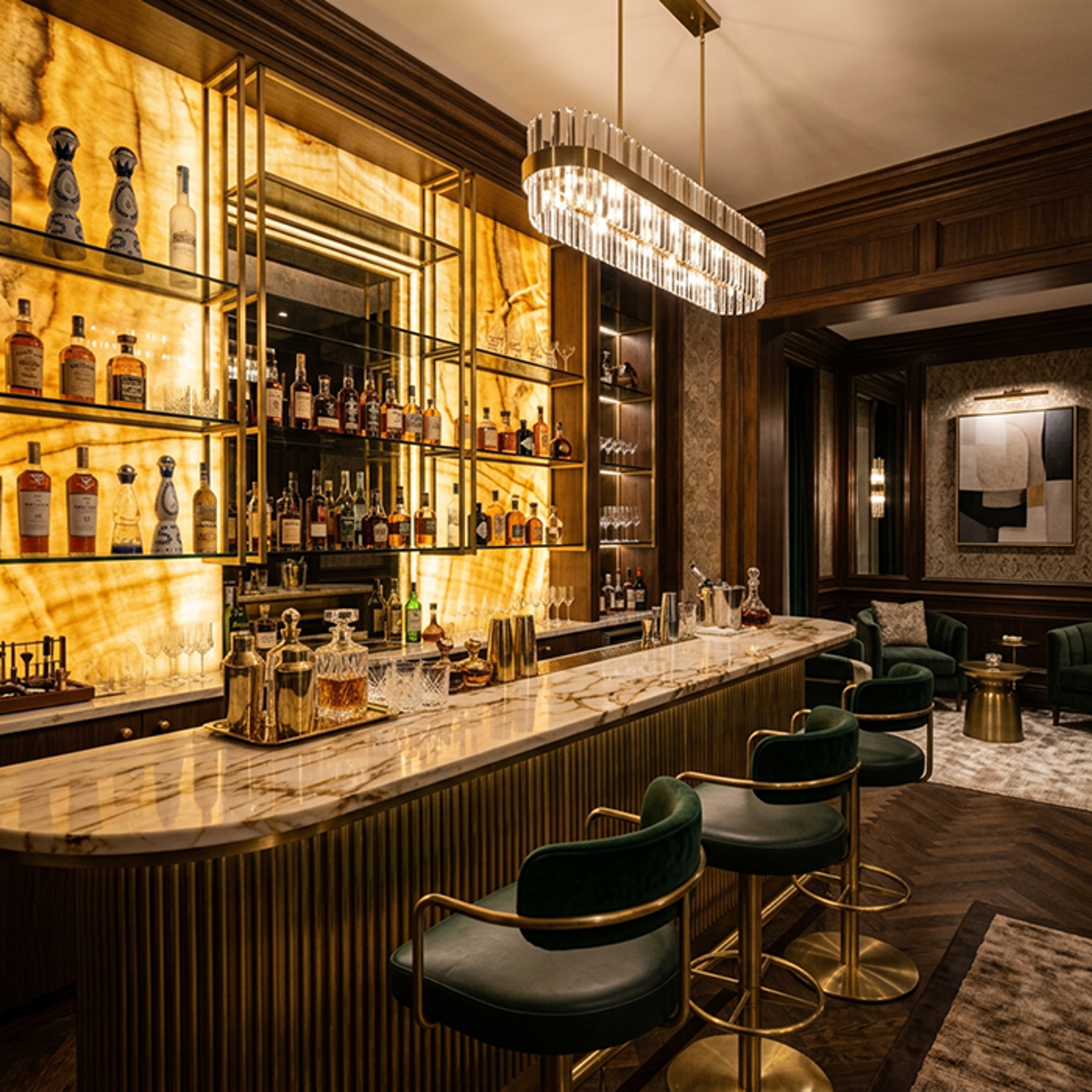 Art Deco Home Bar Design with Backlit Onyx Glass and Veneer Finish