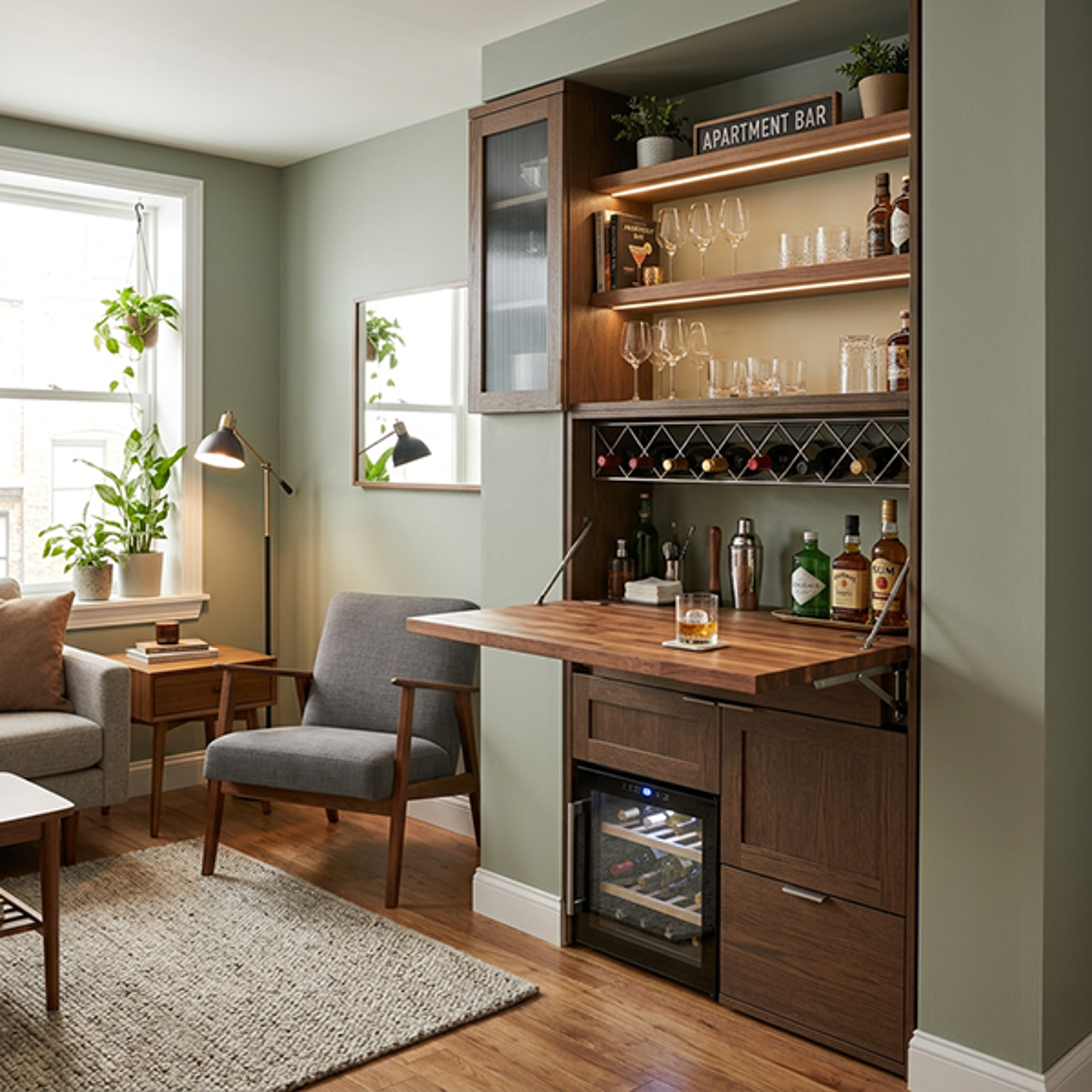 Contemporary Home Bar Design with Wine Cooler and Fold Down Storage