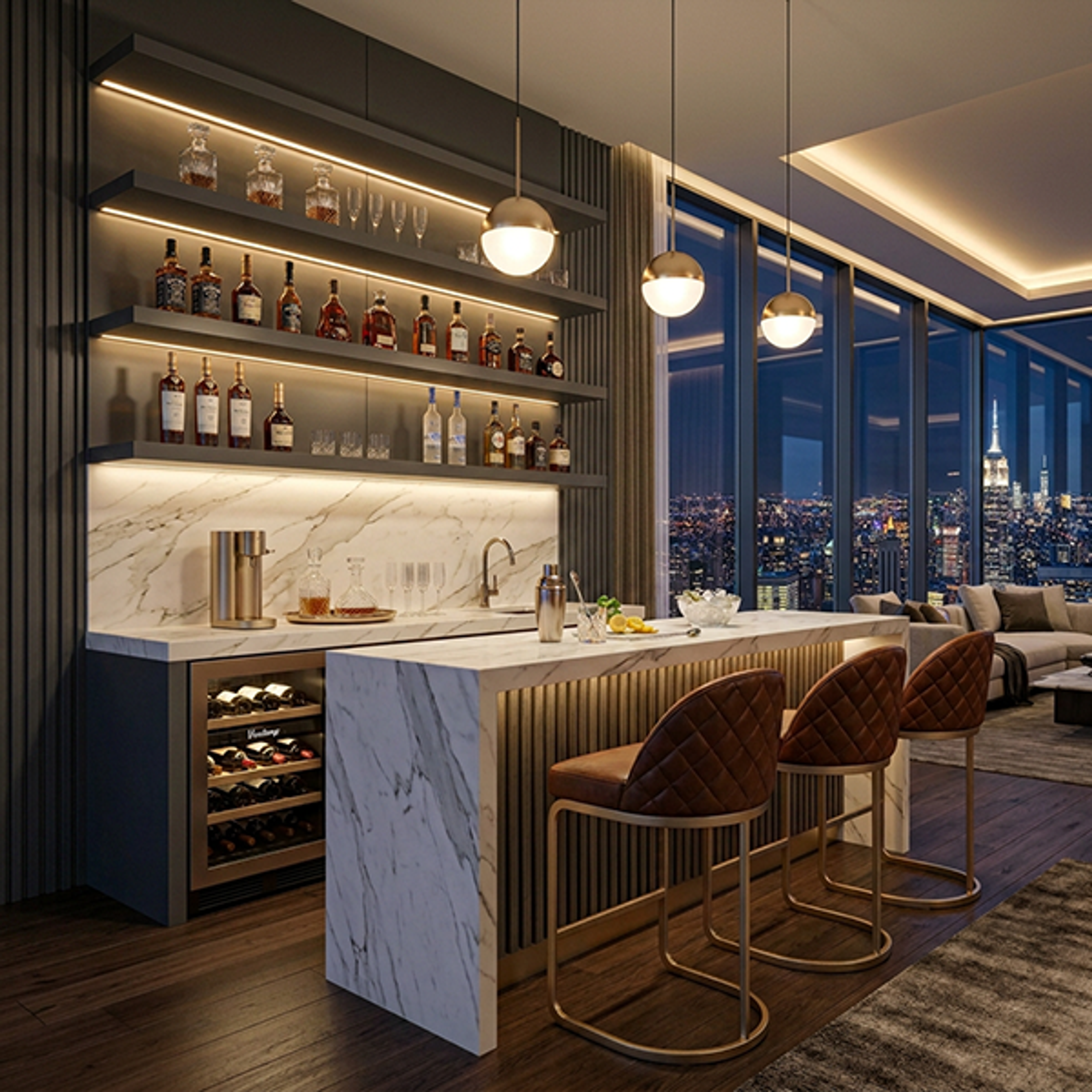 Modern Home Bar Design with Matte Grey Cabinetry and Floating Shelves