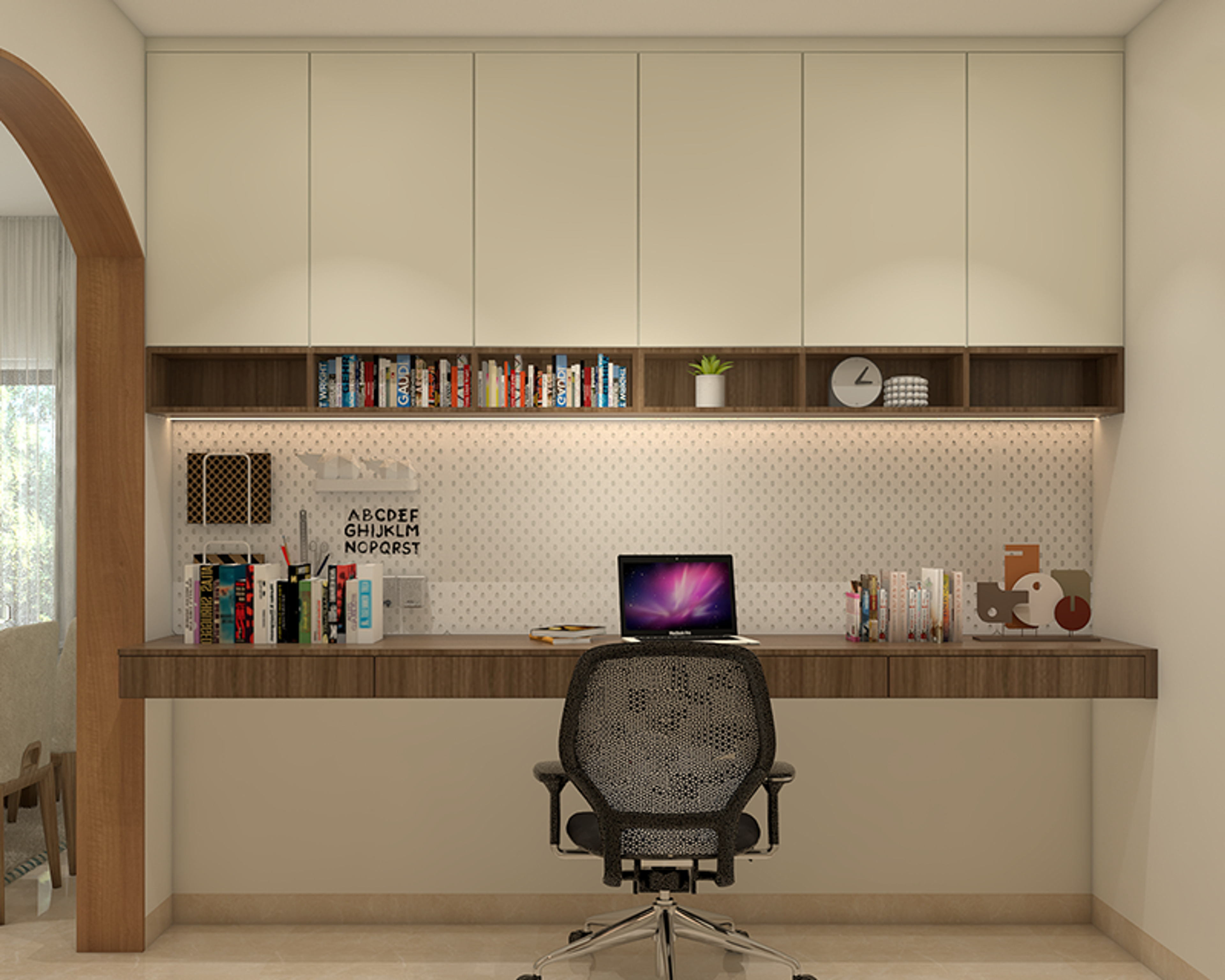 Modern Home Office Design with Champagne and Wood Integrated Storage