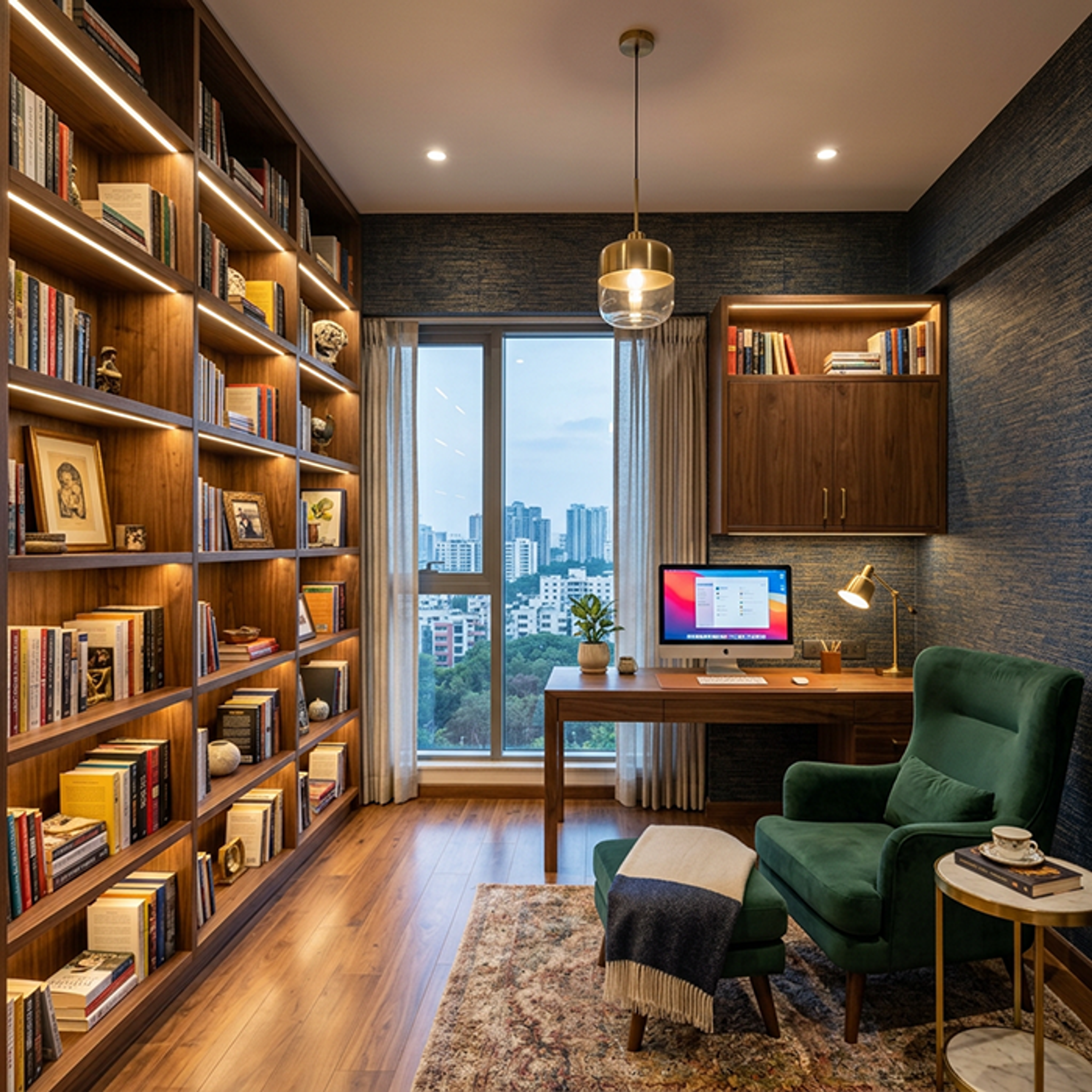 Modern Home Office Design with Walnut Bookcase and Velvet Armchair