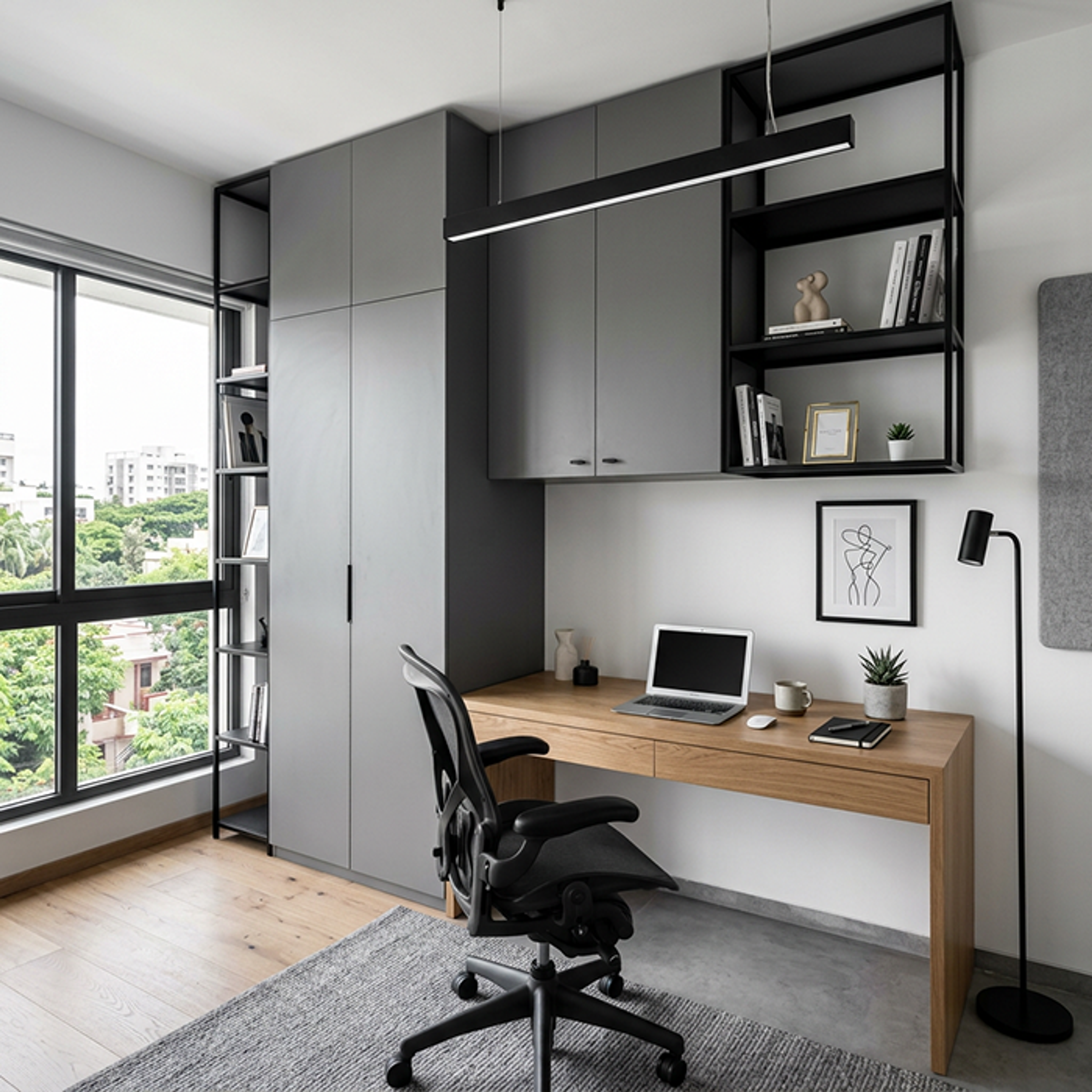 Minimal Home Office Design with Grey Cabinetry and Light Wood Desk
