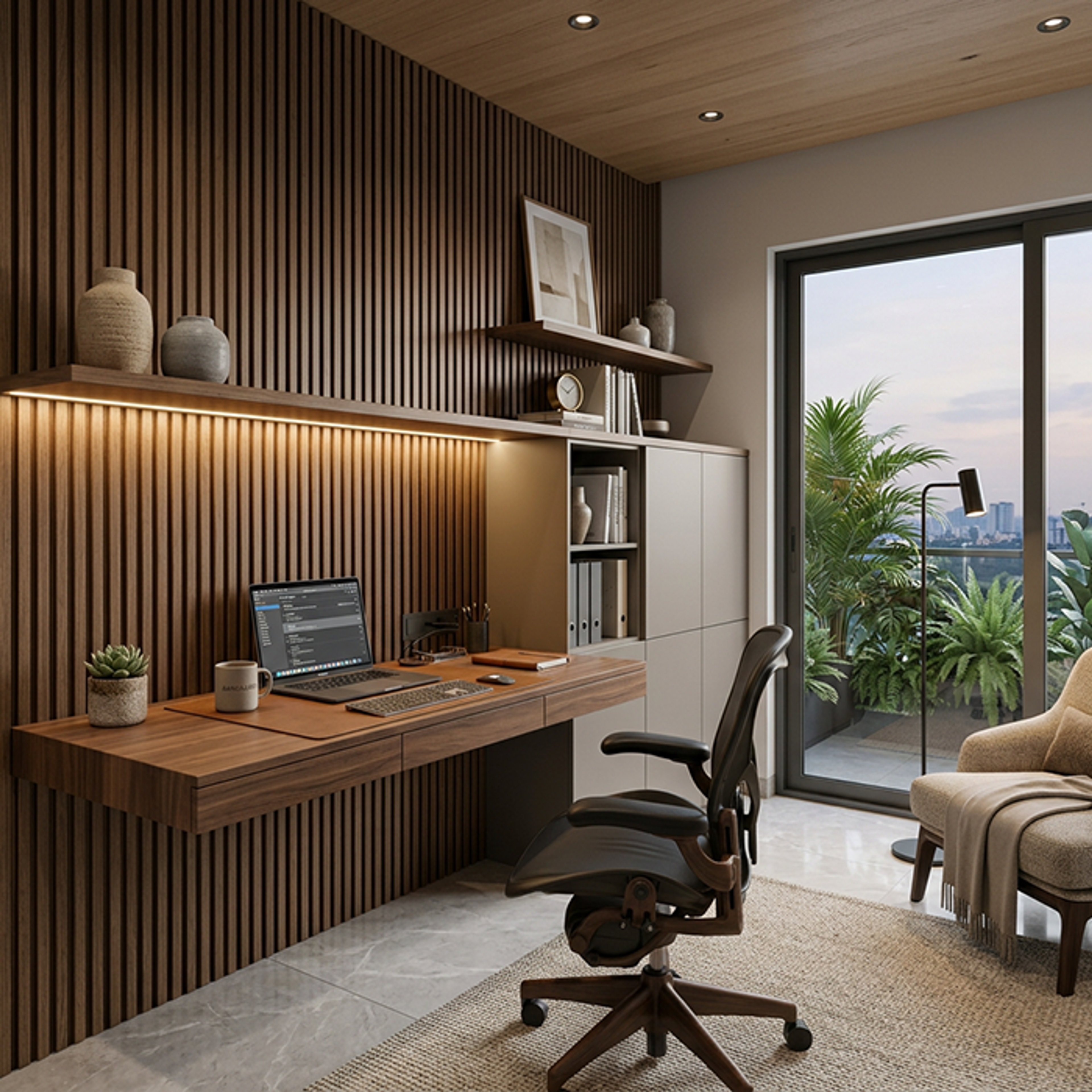 Contemporary Home Office Design with Fluted Panel Wall and Floating Desk