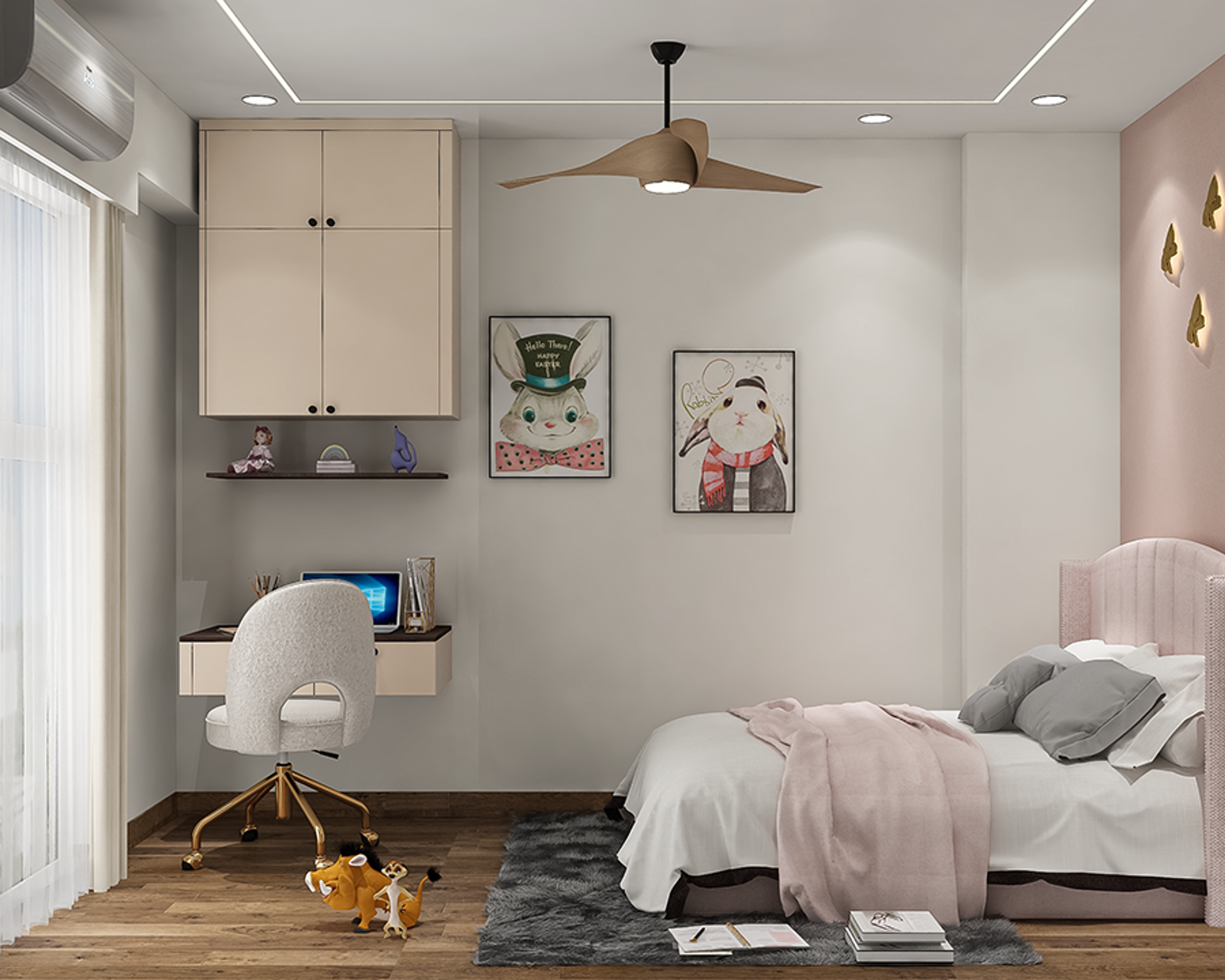 Contemporary Home Office Design with Beige Storage and Dusty Pink Bed