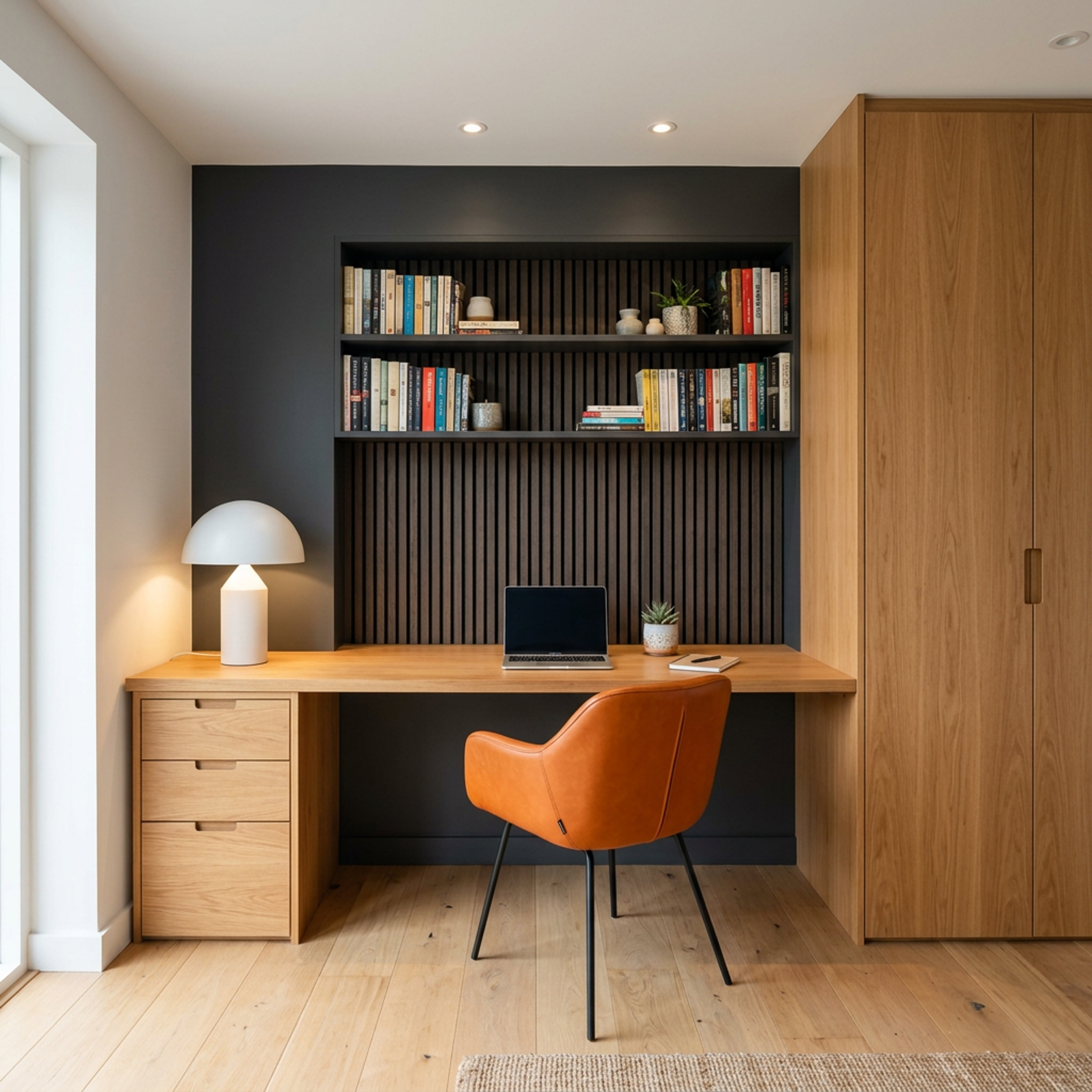 Contemporary Home Office Design with Wooden Desk and Recessed Shelves
