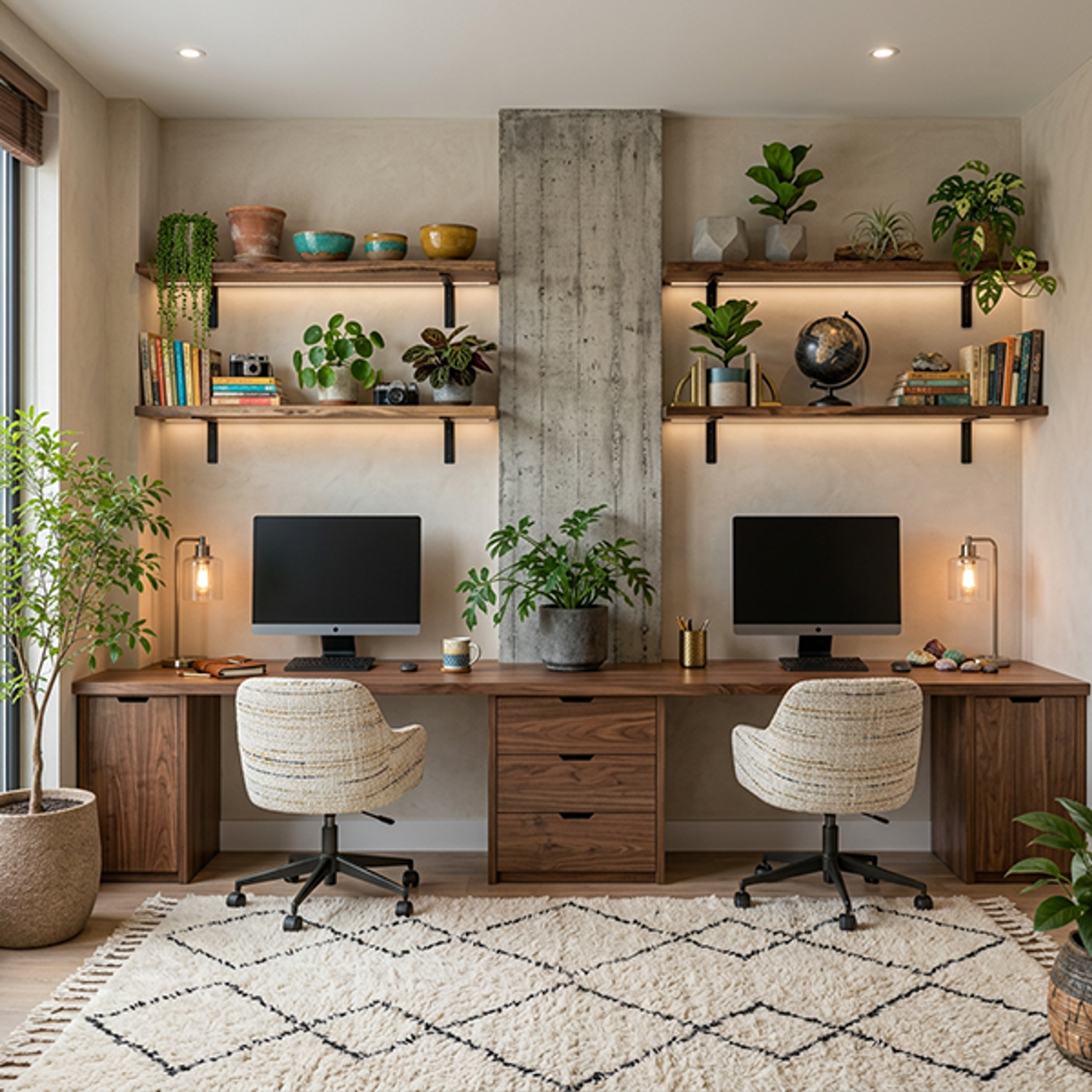 Modern Home Office Design with Dual Workstations and Walnut Storage