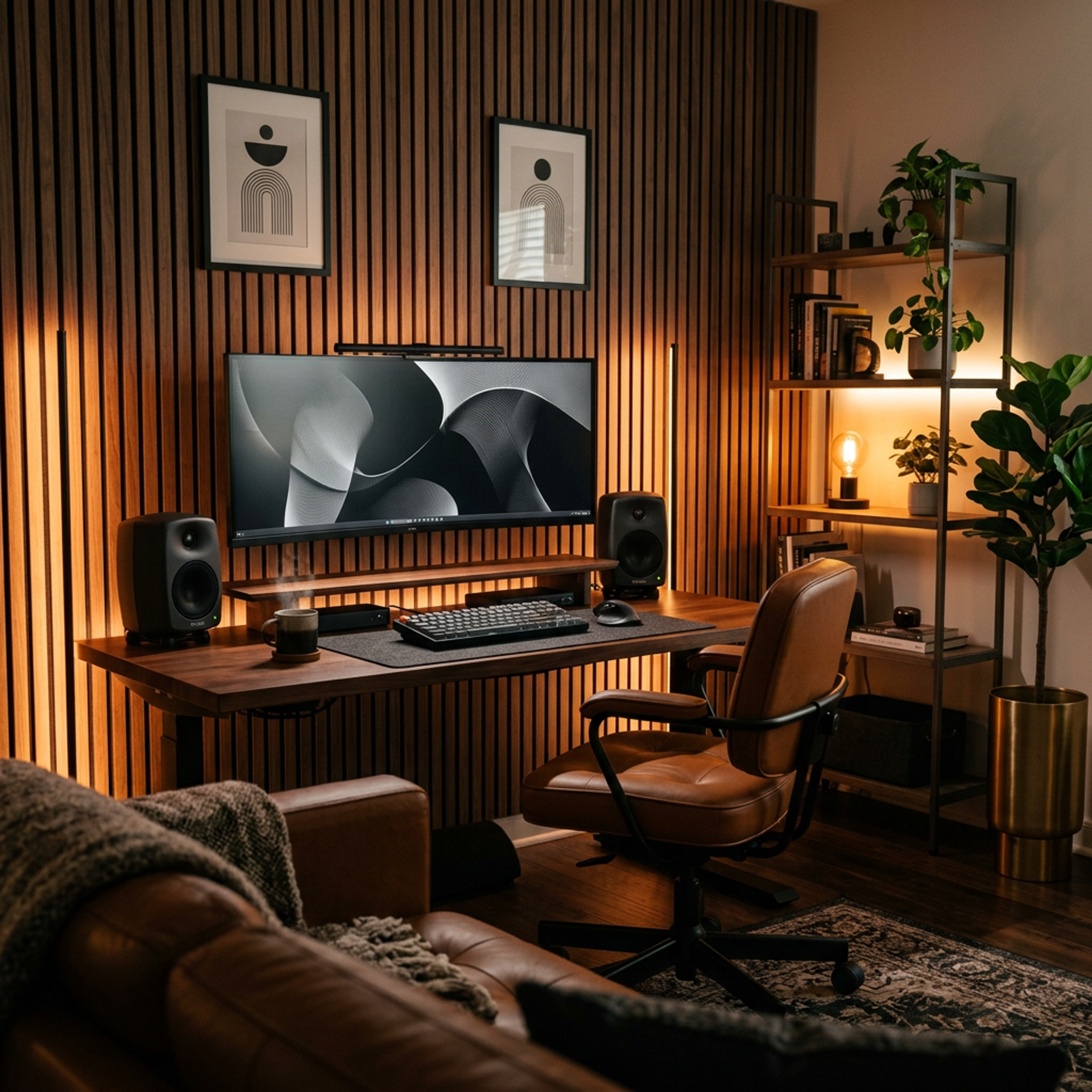 Contemporary Home Office Design with Solid Dark Walnut Workstation