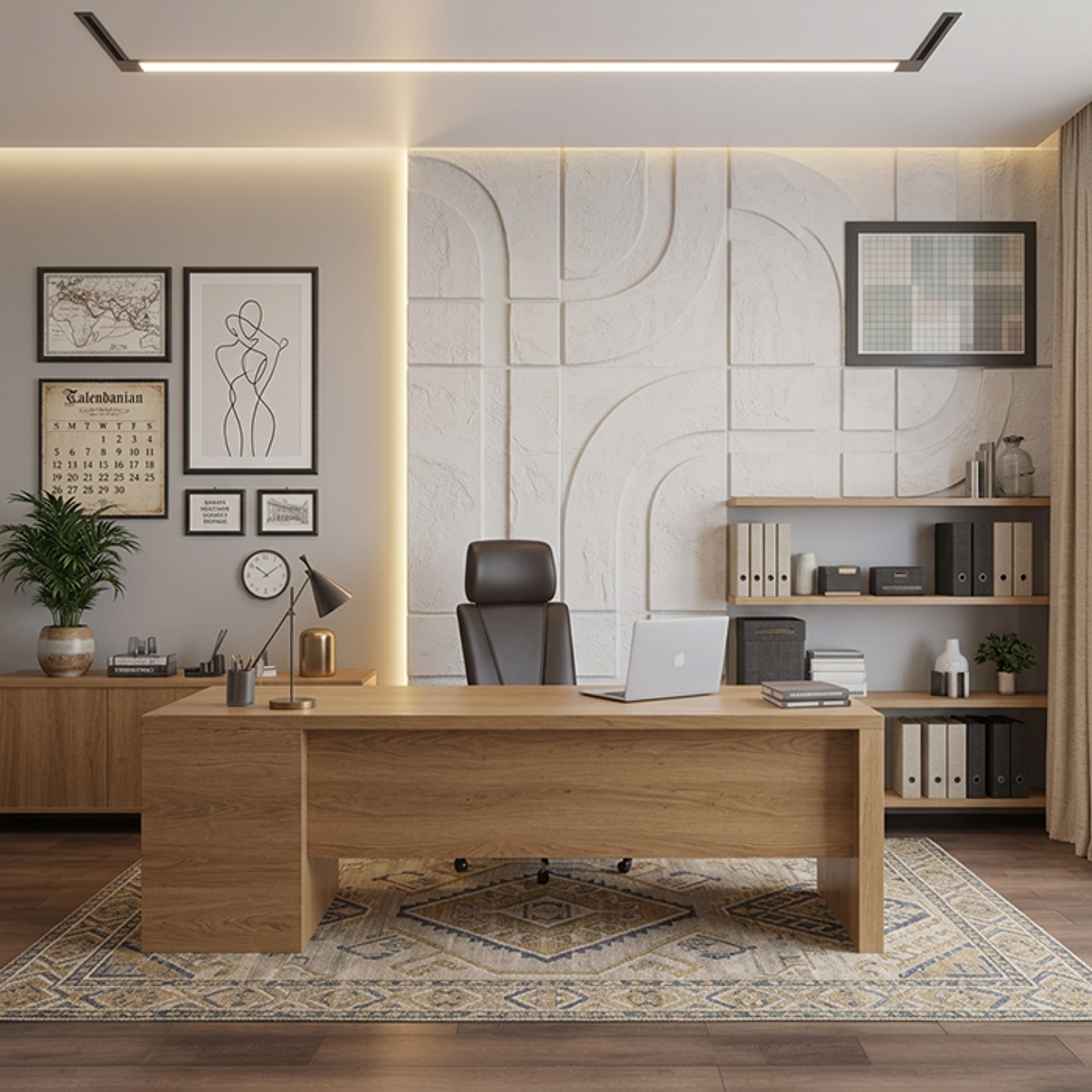 Modern Home Office Design with Light Oak Wood Furniture and Sculpted Wall