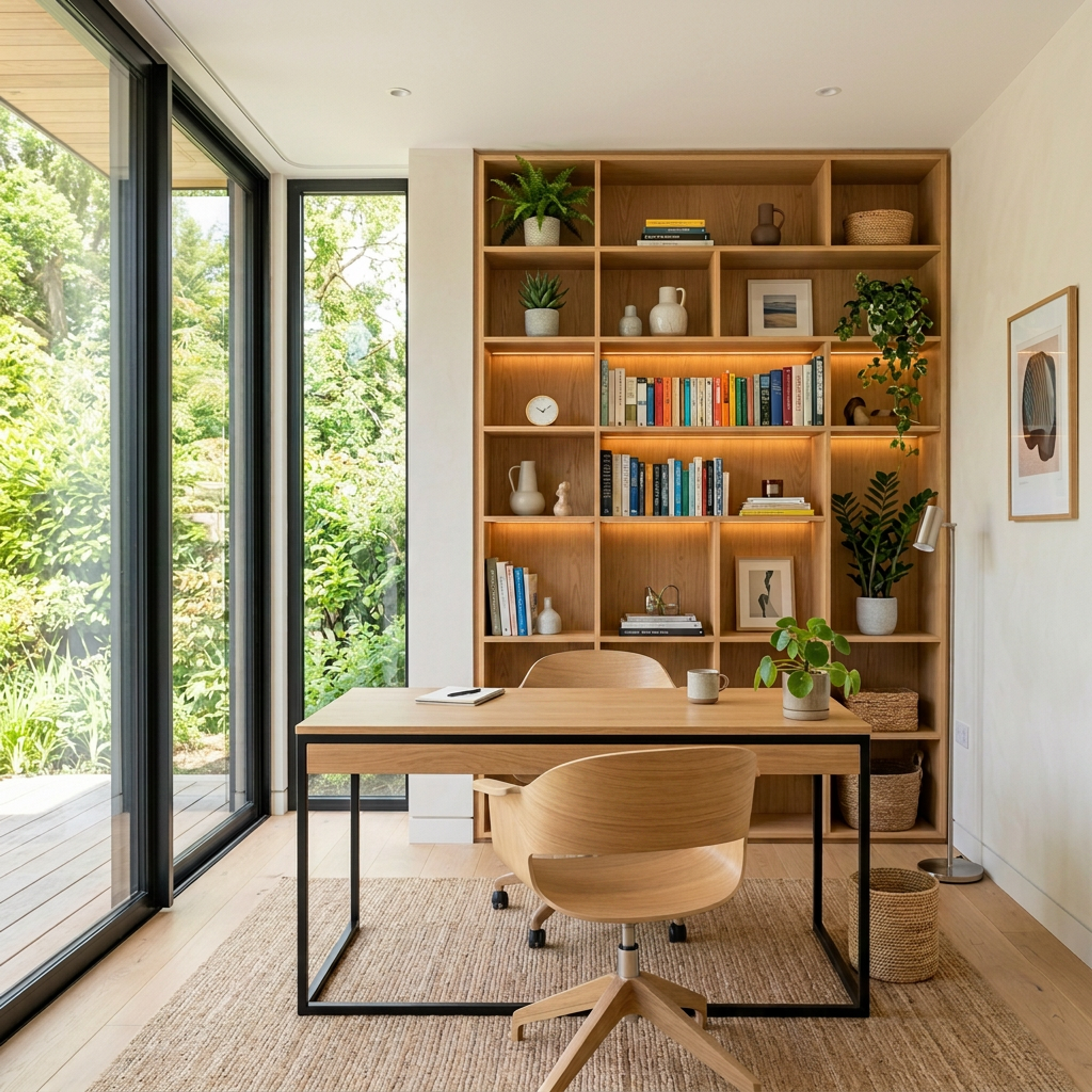 Scandinavian Home Office Design with Glass Doors and Oak Furniture