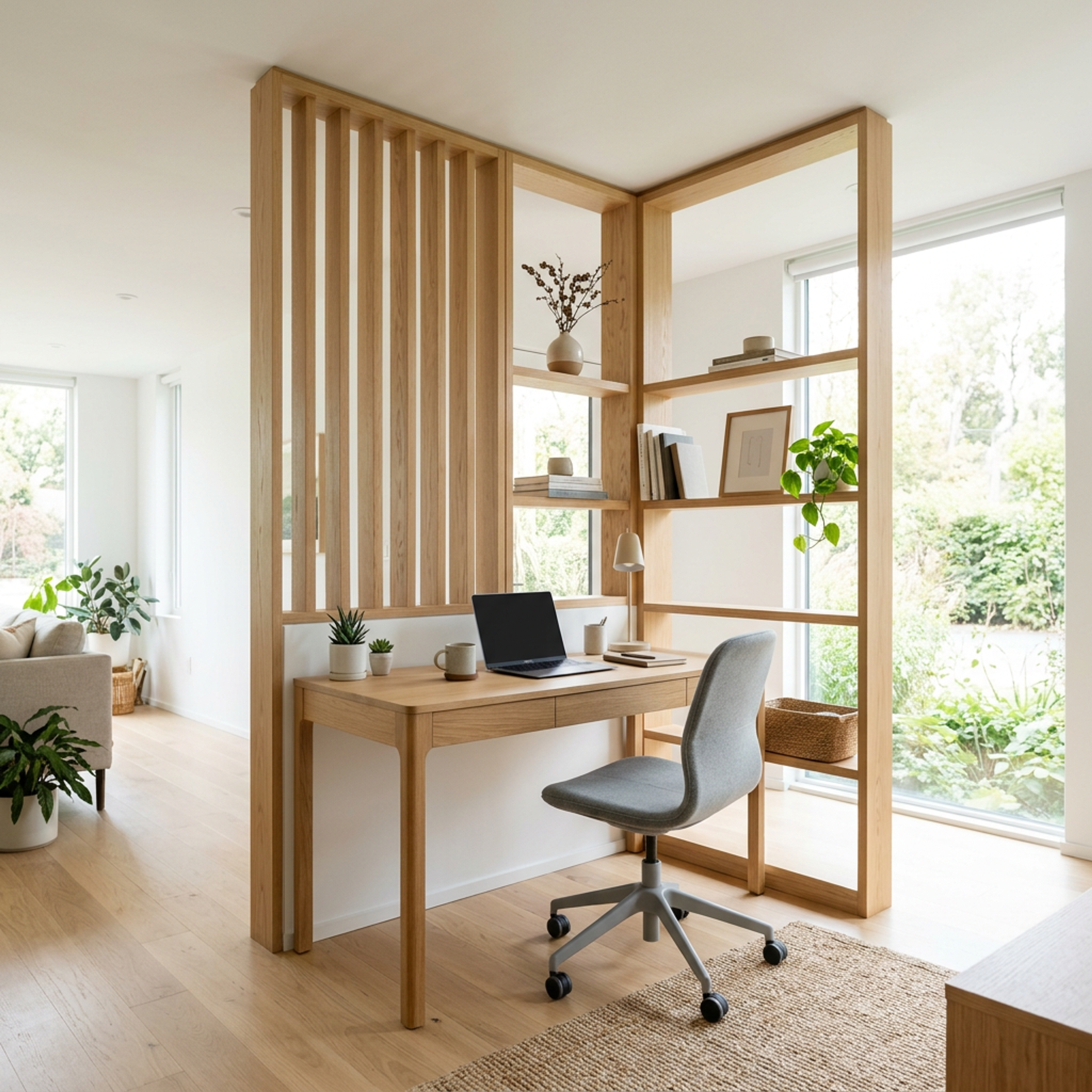 Scandinavian Home Office Design with Integrated Desk and Shelves