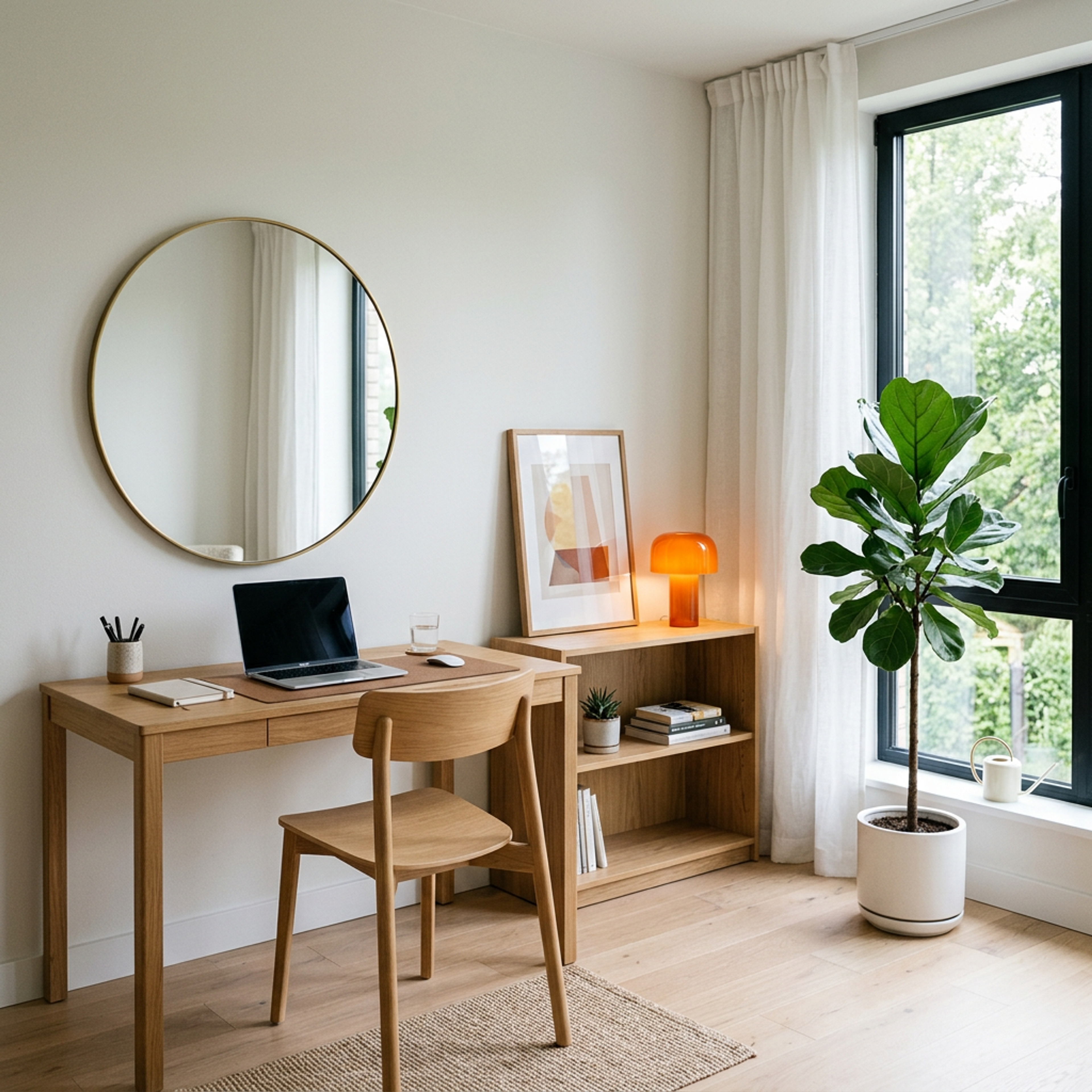 Scandinavian Home Office Design with Oak Desk and Round Mirror