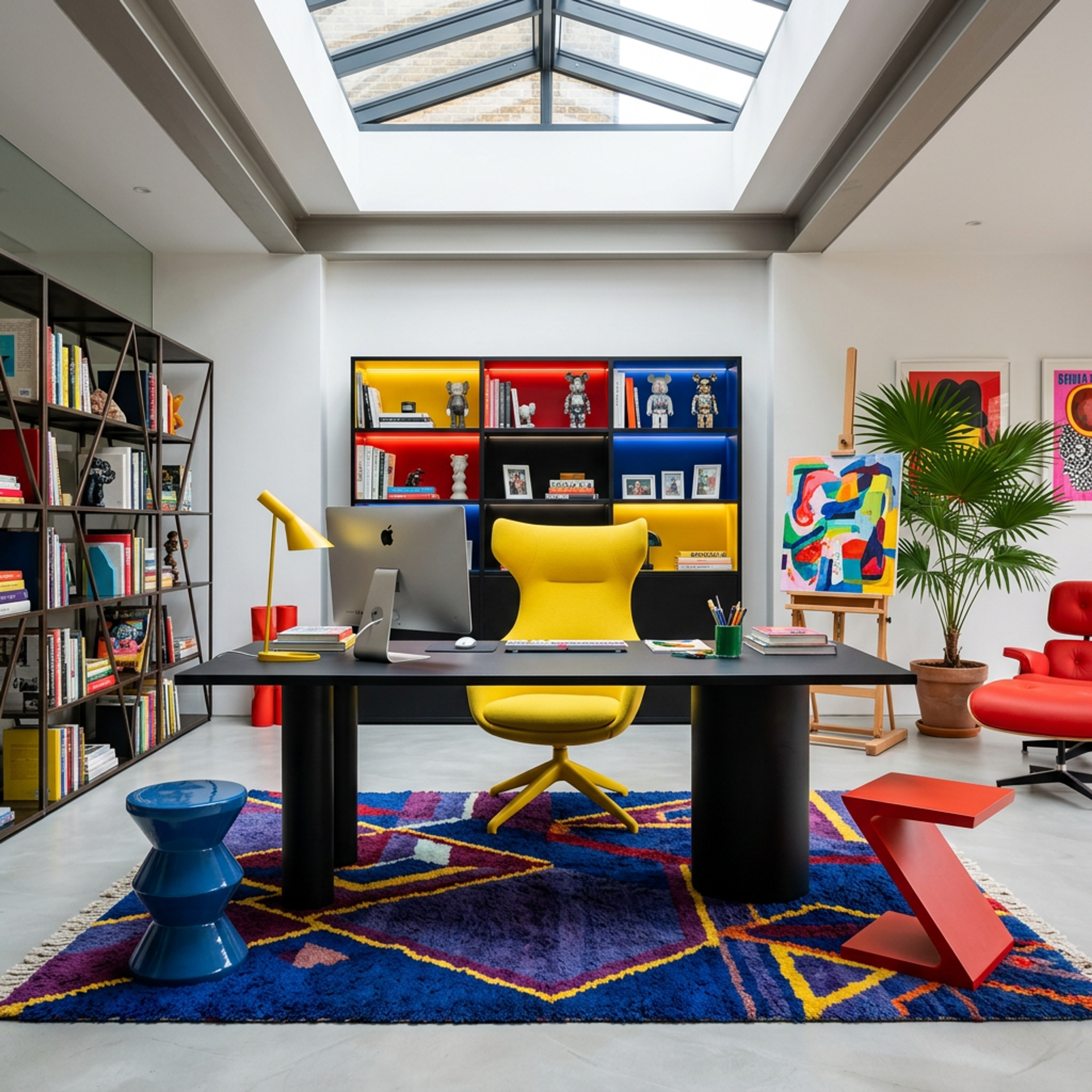 Eclectic Home Office Design with Illuminated Display Unit Shelves