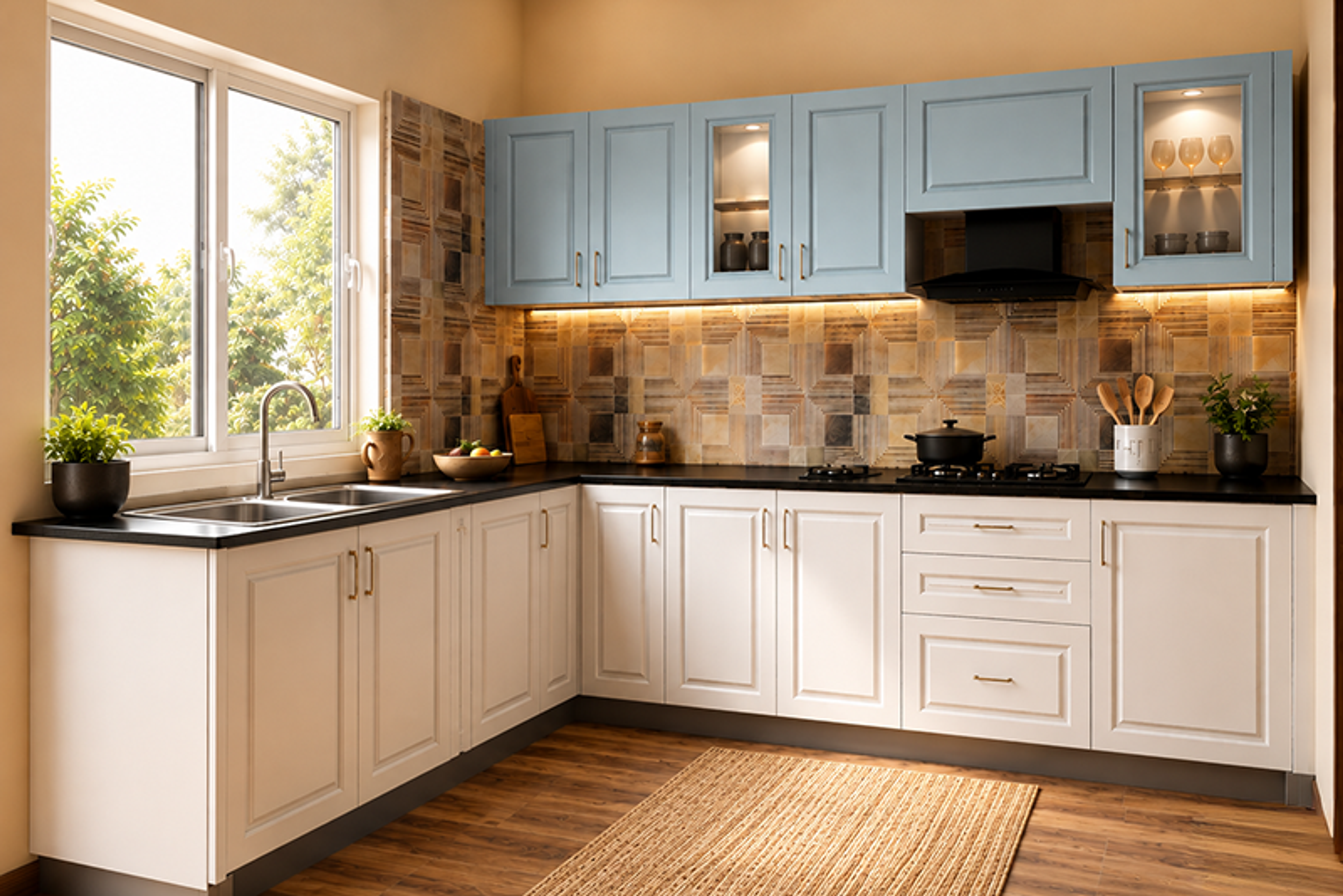 L-Shaped Kitchen Design with Denim Suedette Overhead Cabinets